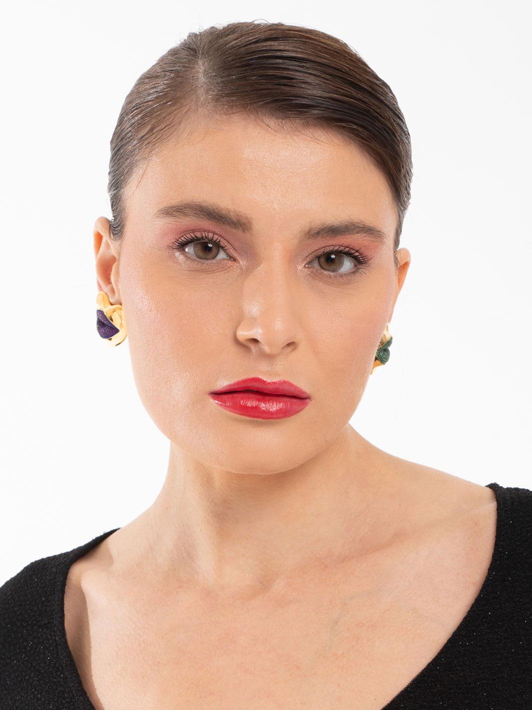Modern Naimah Love Lips Statement Earrings, Green-Purple For Sale