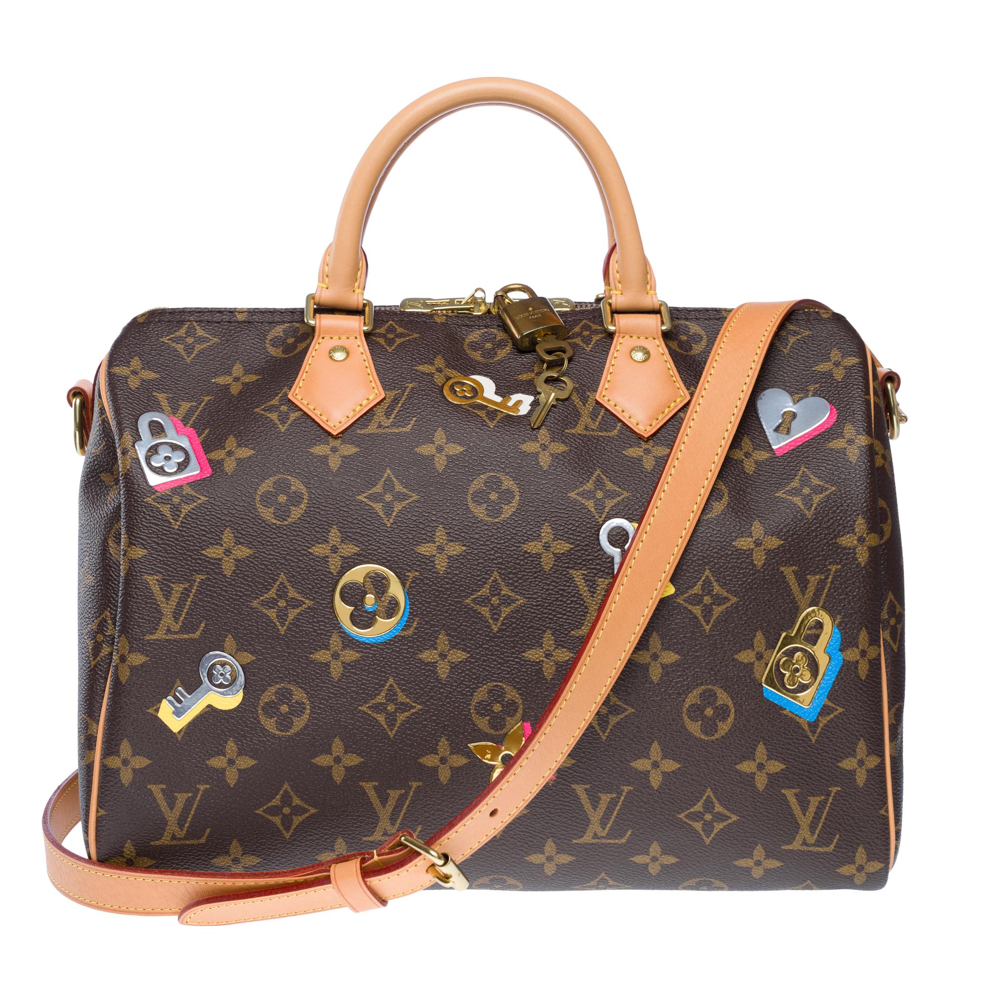 Black Love Lock Limited Edition Speedy 30 handbag strap in Brown Monogram Canvas, GHW For Sale