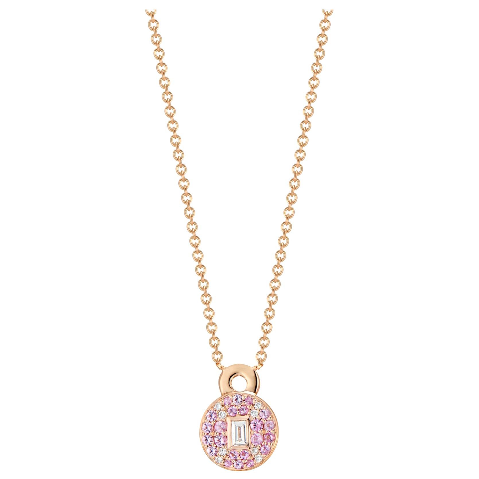 Love Lock Necklace with Pink Sapphires, Pave Brilliant Cut Diamonds and Baguette