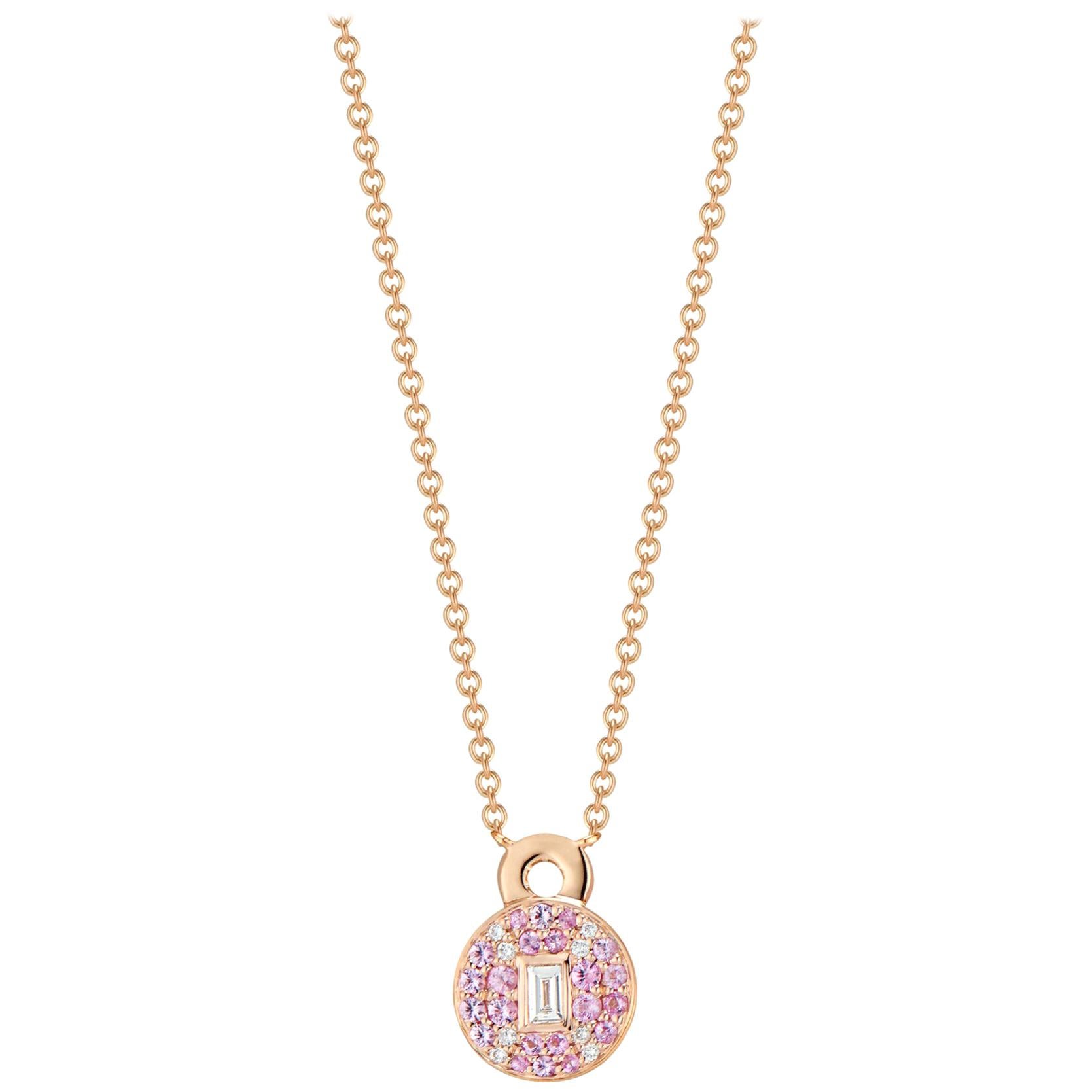 Love Lock Necklace with Pink Sapphires, Pavé Brilliant Cut Diamonds and Baguette