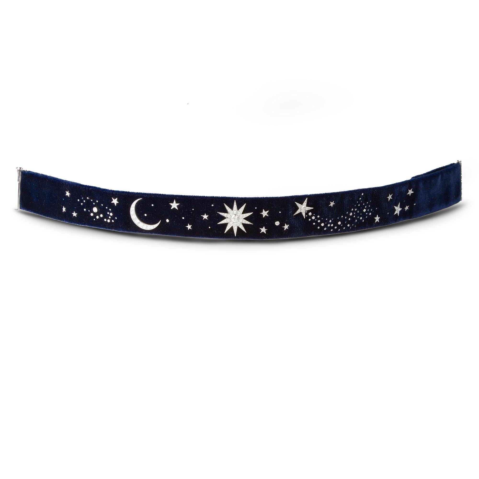 Love, Magic And Night Sky,the midnight blue velvet choker centrally decorated with a large star set with round brilliant-cut diamonds flanked by crescent moon, shooting star and other star motifs, all set with round brilliant-cut diamonds with a