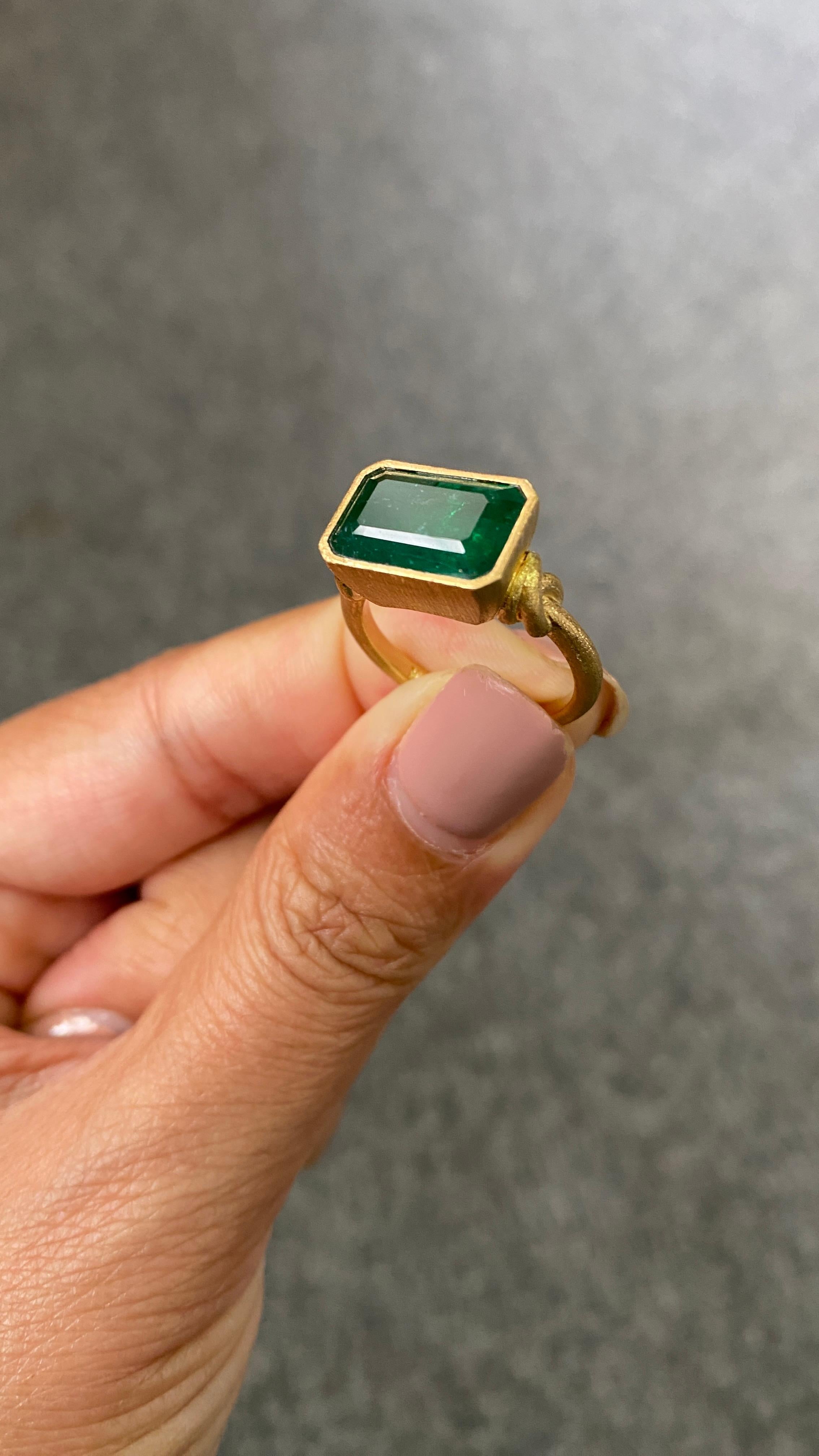 Octagon Cut Love Me Knot Vintage - Inspired 18K Yellow Gold 5.19 Car Emerald Engagement Ring For Sale