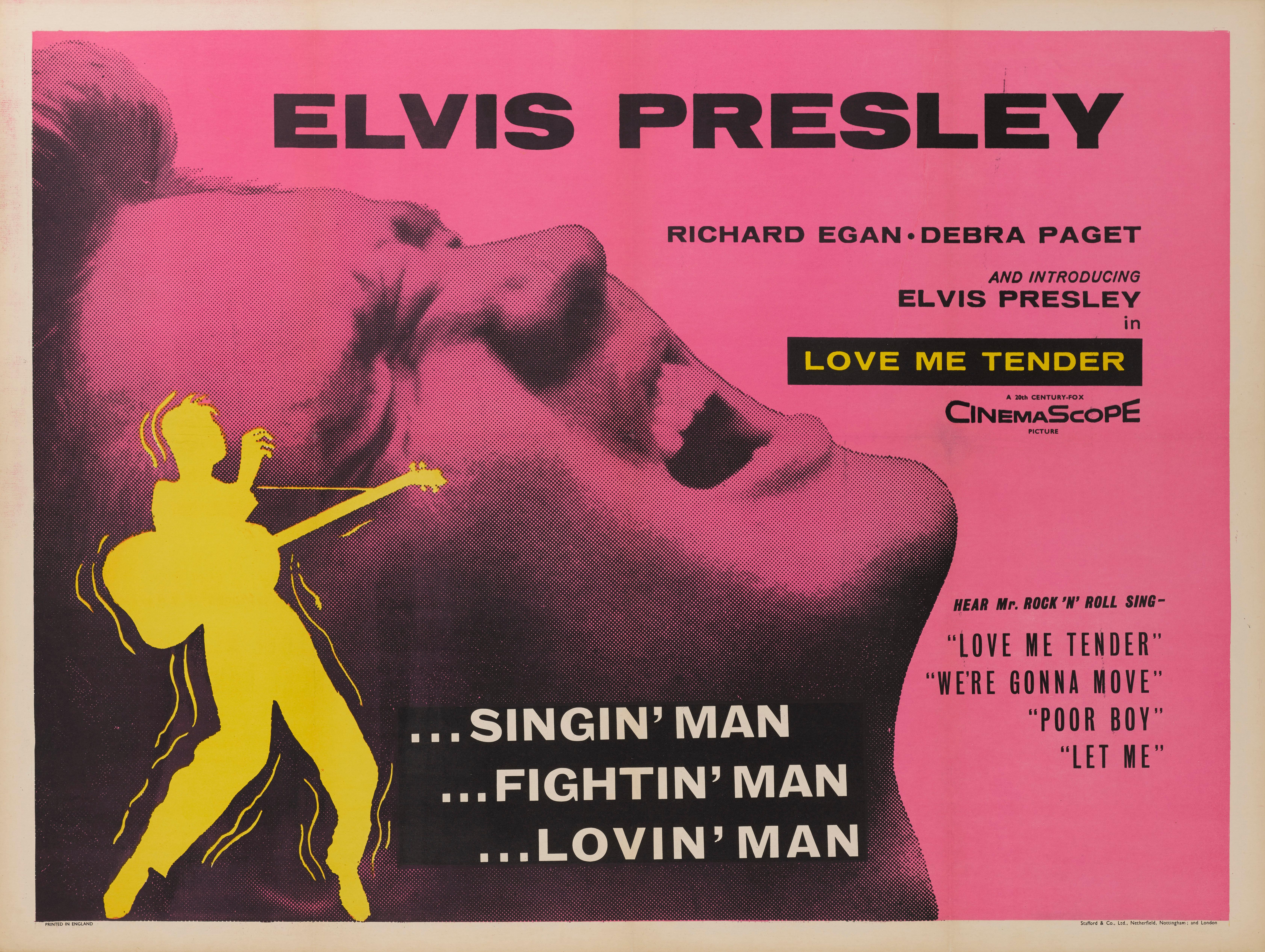 Original British film poster for the 195 film “Love Me Tender. This was Elvis Presley's acting debut, and the only time in his acting career that he would not receive top billing. This black and white film was directed by Robert D. Webb.
The poster