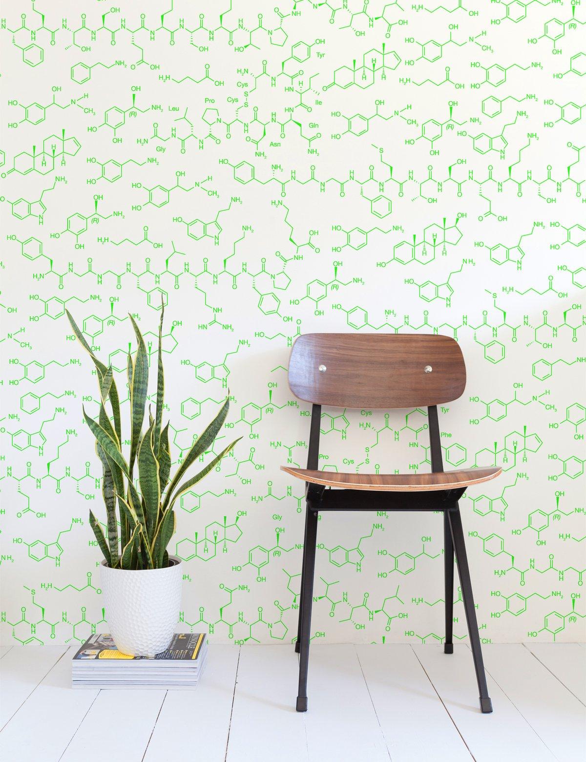 XXIe siècle et contemporain Papier peint Love Molecules Designer Wallpaper in Radiate vert fluo sur blanc doux en vente