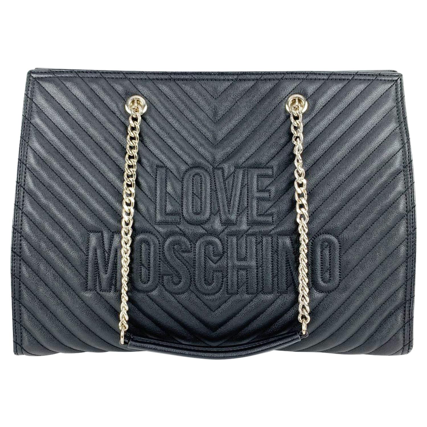 Love Moschino Black Quilled Canvas Chevron Tote Shoulder Bag