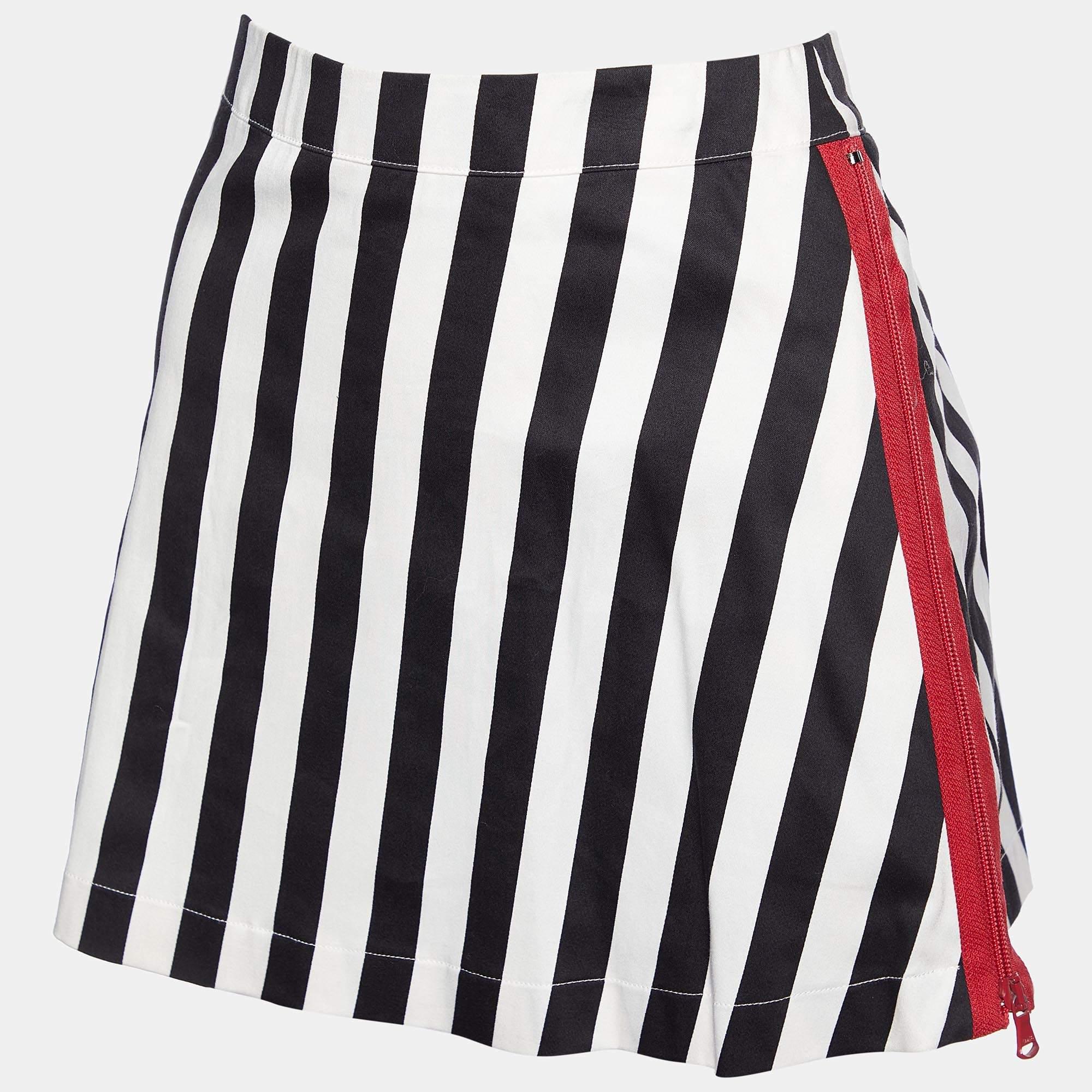 Women's Love Moschino Black & White Striped Cotton Contrast Zip Detail Mini Skirt M
