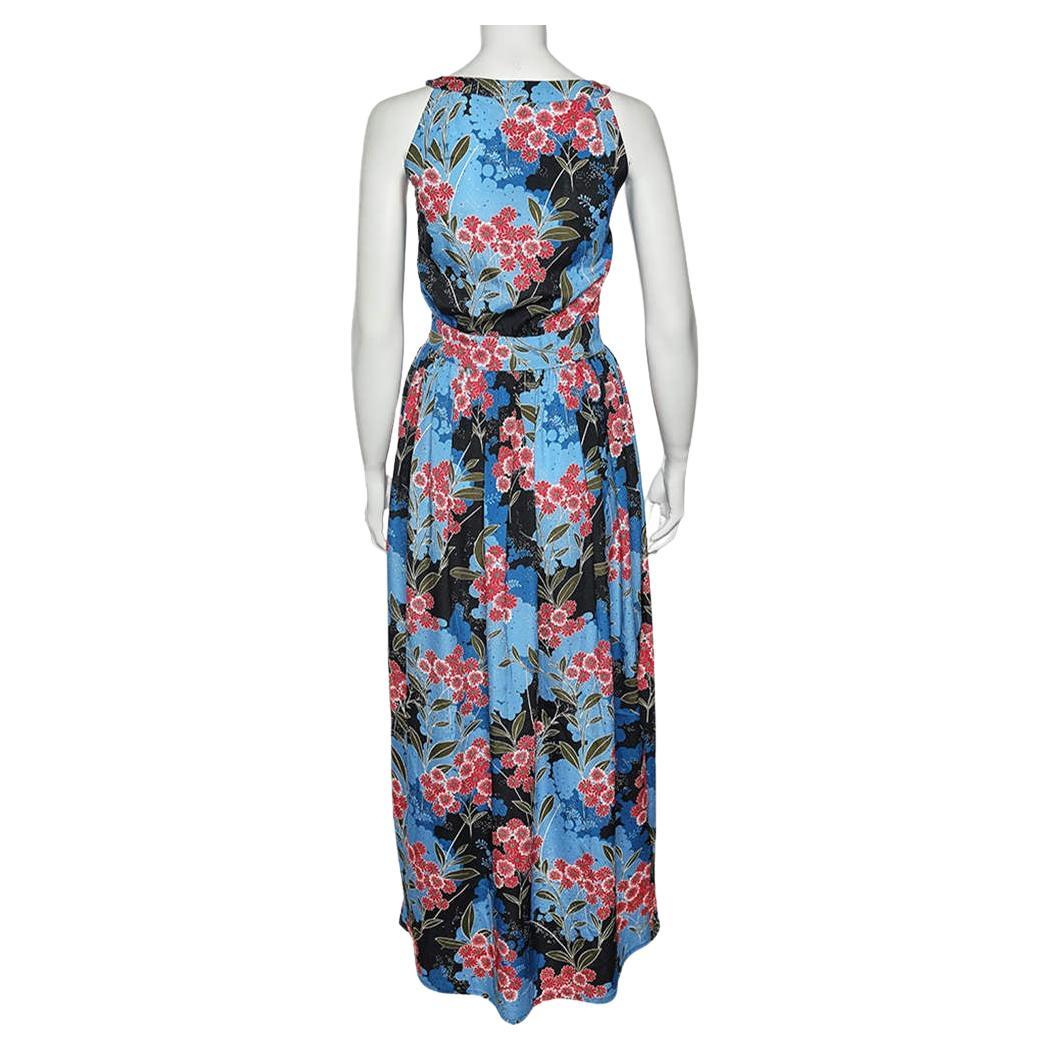 Love Moschino Blue Floral Printed Crepe Sleeveless Maxi Dress M For Sale