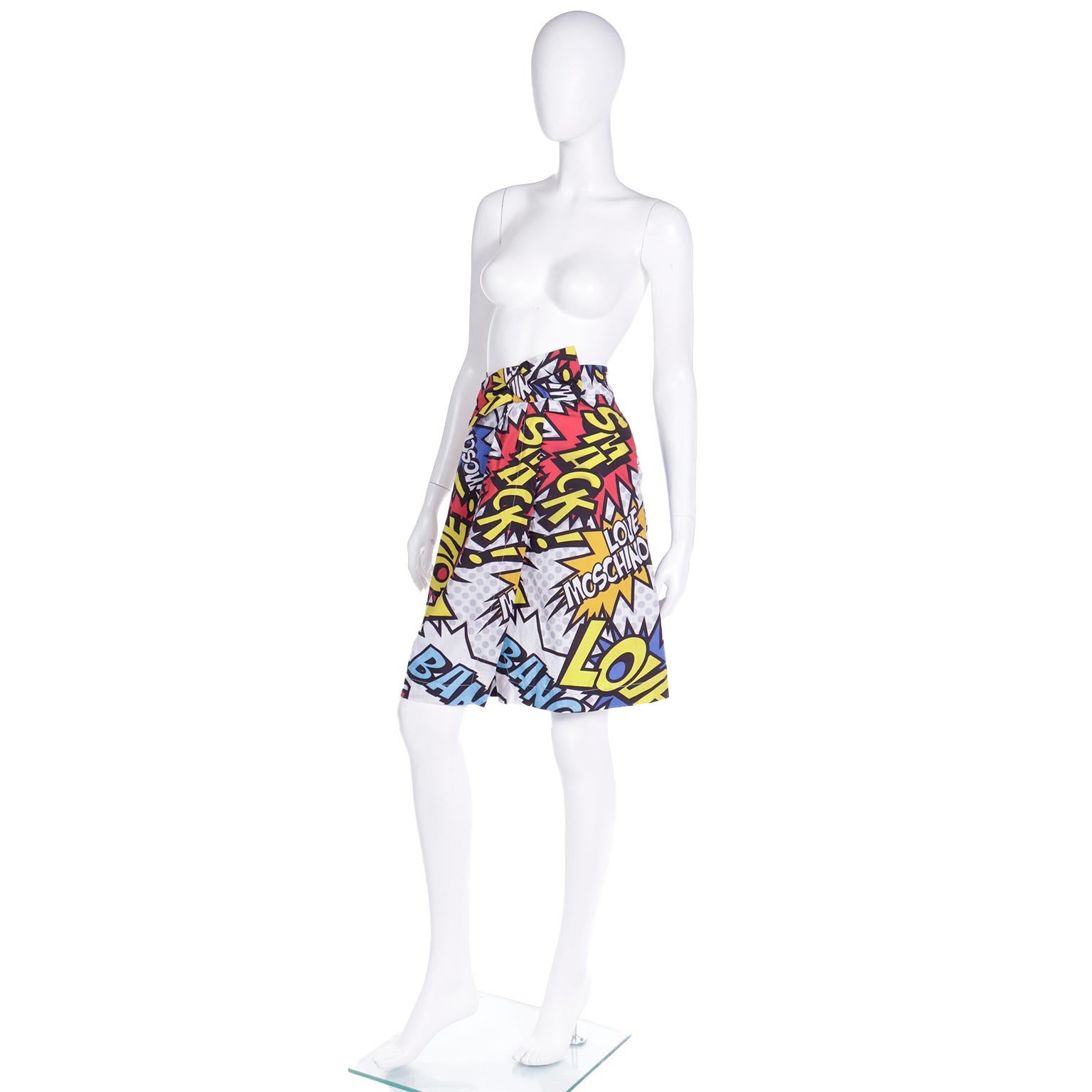 Gray Love Moschino Cartoon Bubble Graphic Words Multi Colored Print Wrap Skirt For Sale