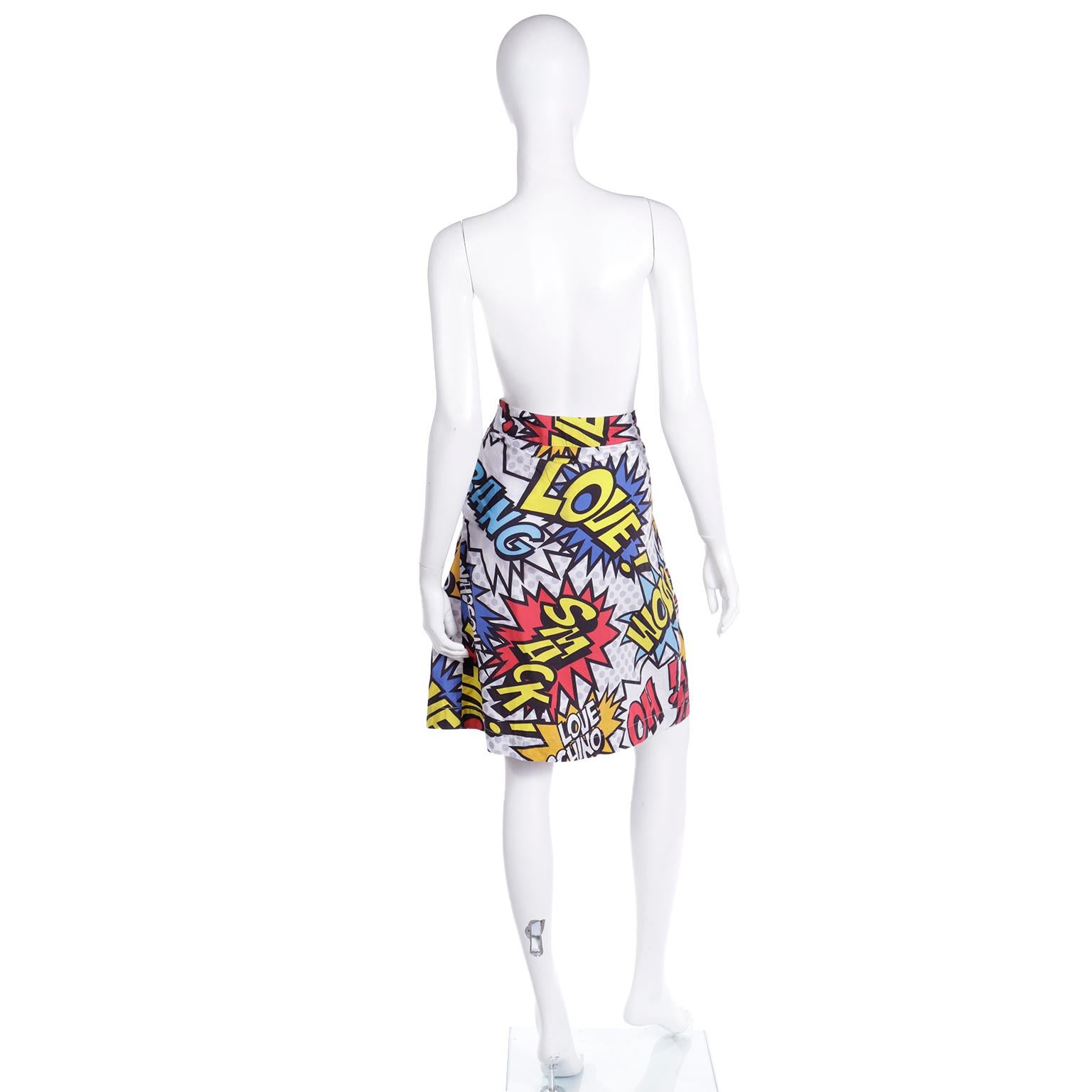 Love Moschino Cartoon Bubble Graphic Words Multi Colored Print Wrap Skirt In Excellent Condition For Sale In Portland, OR
