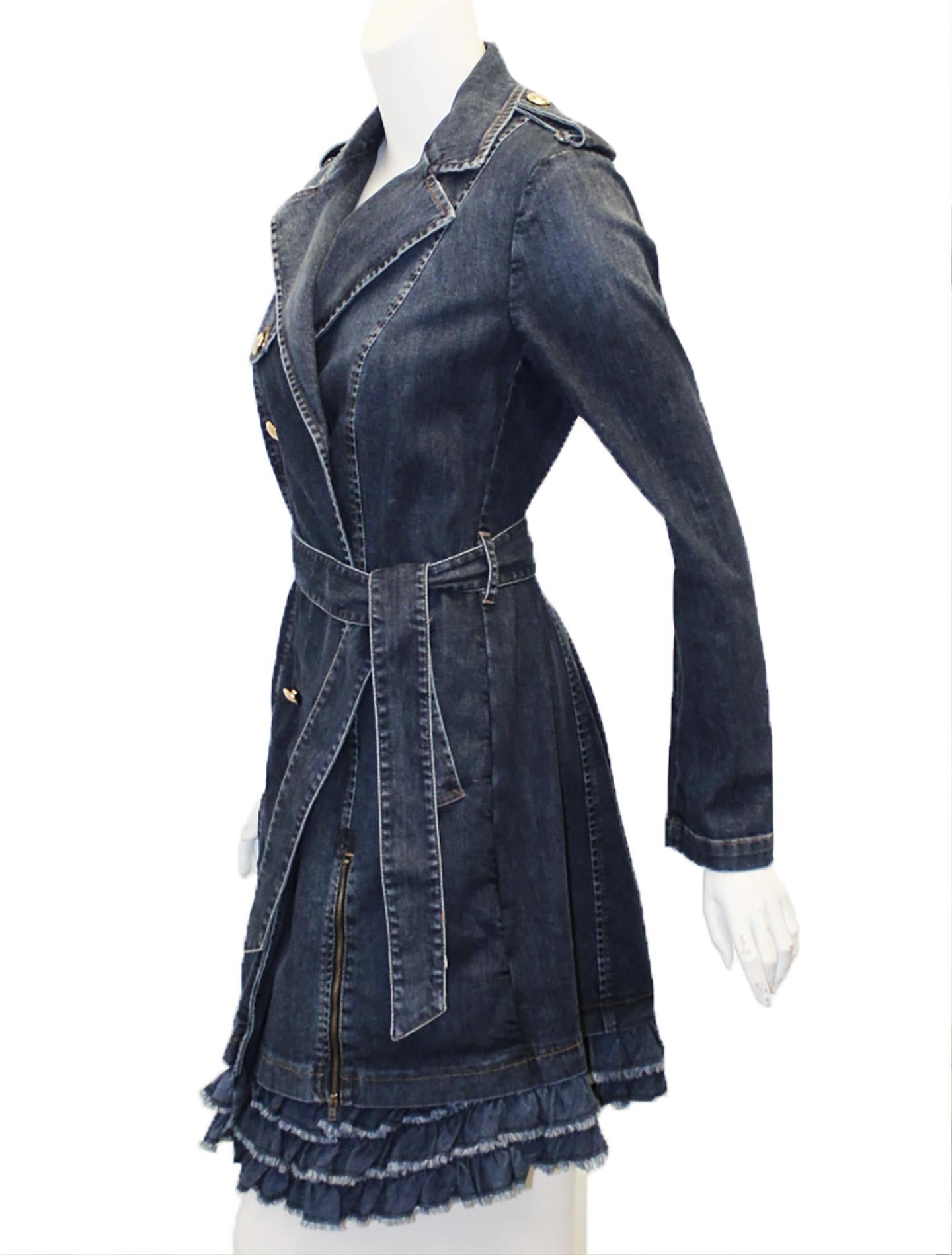 Love Moschino Denim Double Breasted Dress Coat Zipper Slits In Excellent Condition In Palm Beach, FL