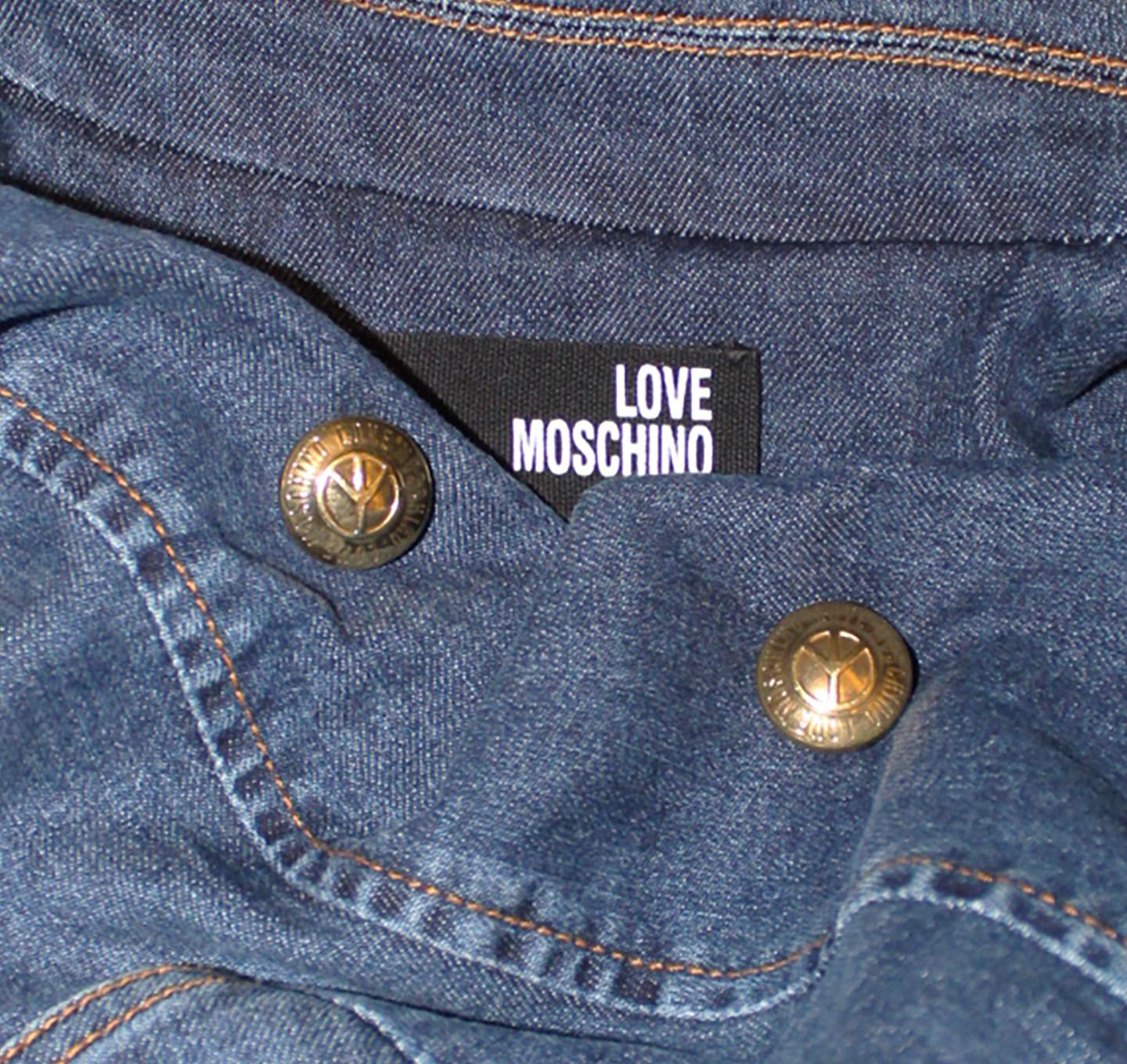 Women's Love Moschino Denim Double Breasted Dress Coat Zipper Slits