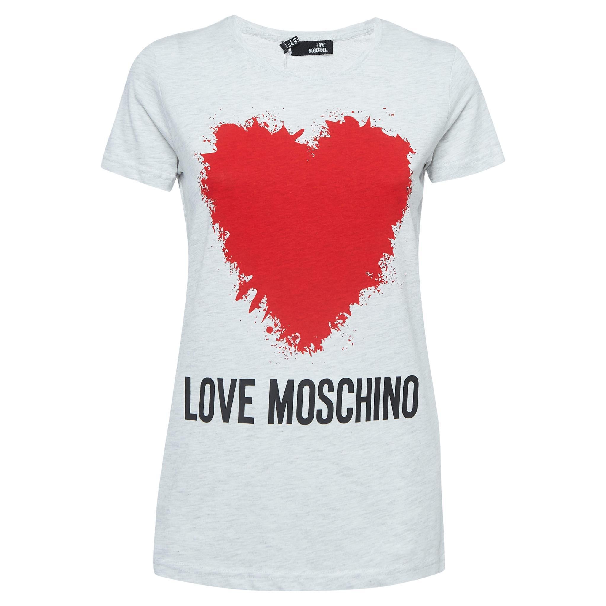 Love Moschino Grey Logo Print Cotton Crew Neck T-Shirt S For Sale