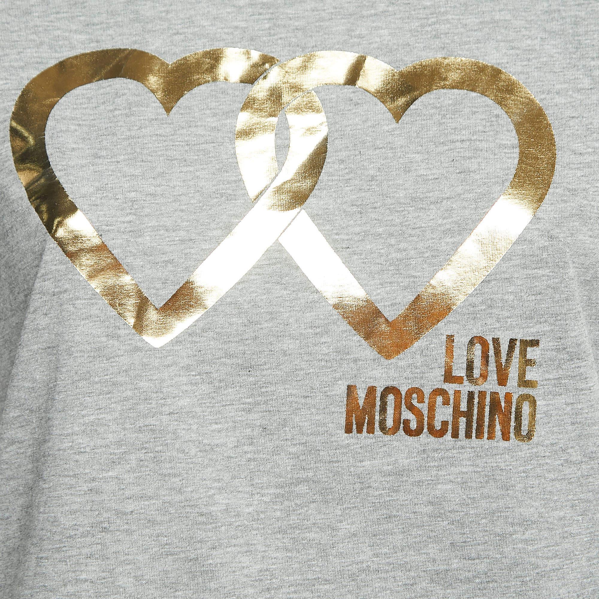 Grigio Love Moschino - Maglietta a maniche corte in cotone con stampa logo grigia T S in vendita