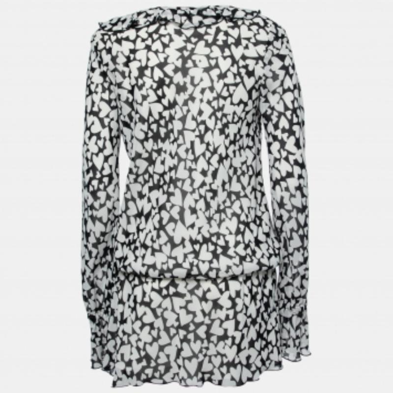 Love Moschino Minivestido de gasa con estampado de corazones monocromáticos y detalle de lazo M Gris en venta