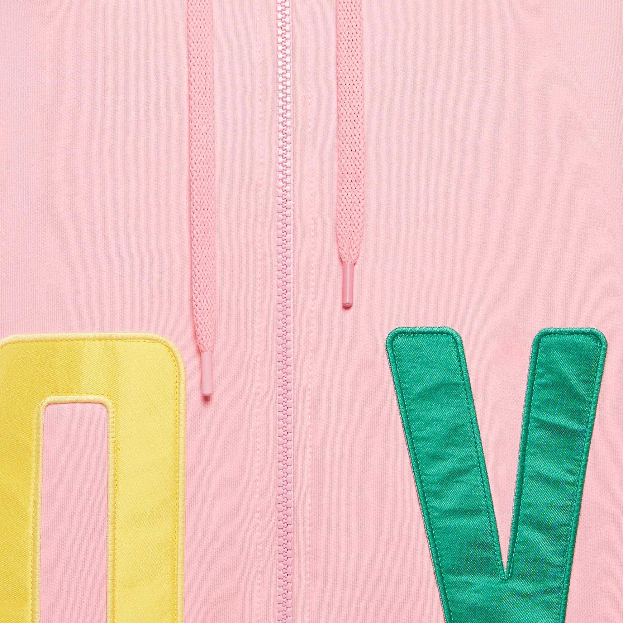 Rosa Love Moschino - Felpa con cappuccio in cotone rosa con dettagli applicati - Up&Up M. in vendita