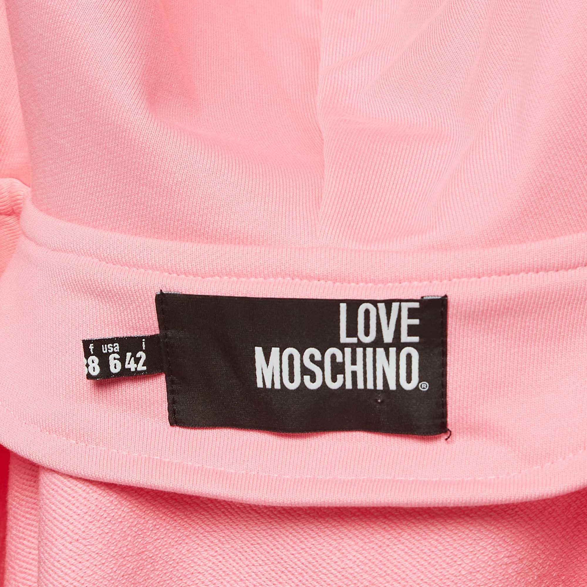 Love Moschino - Felpa con cappuccio in cotone rosa con dettagli applicati - Up&Up M. in vendita 1