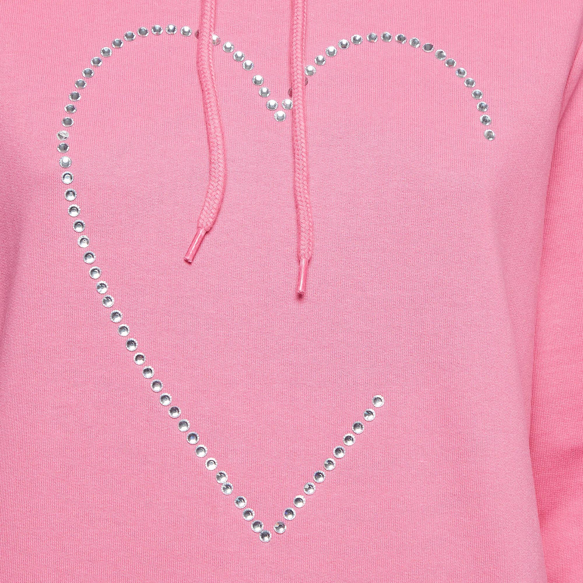 Love Moschino Pink Crystal Embellished Cotton Hoodie S In Good Condition For Sale In Dubai, Al Qouz 2