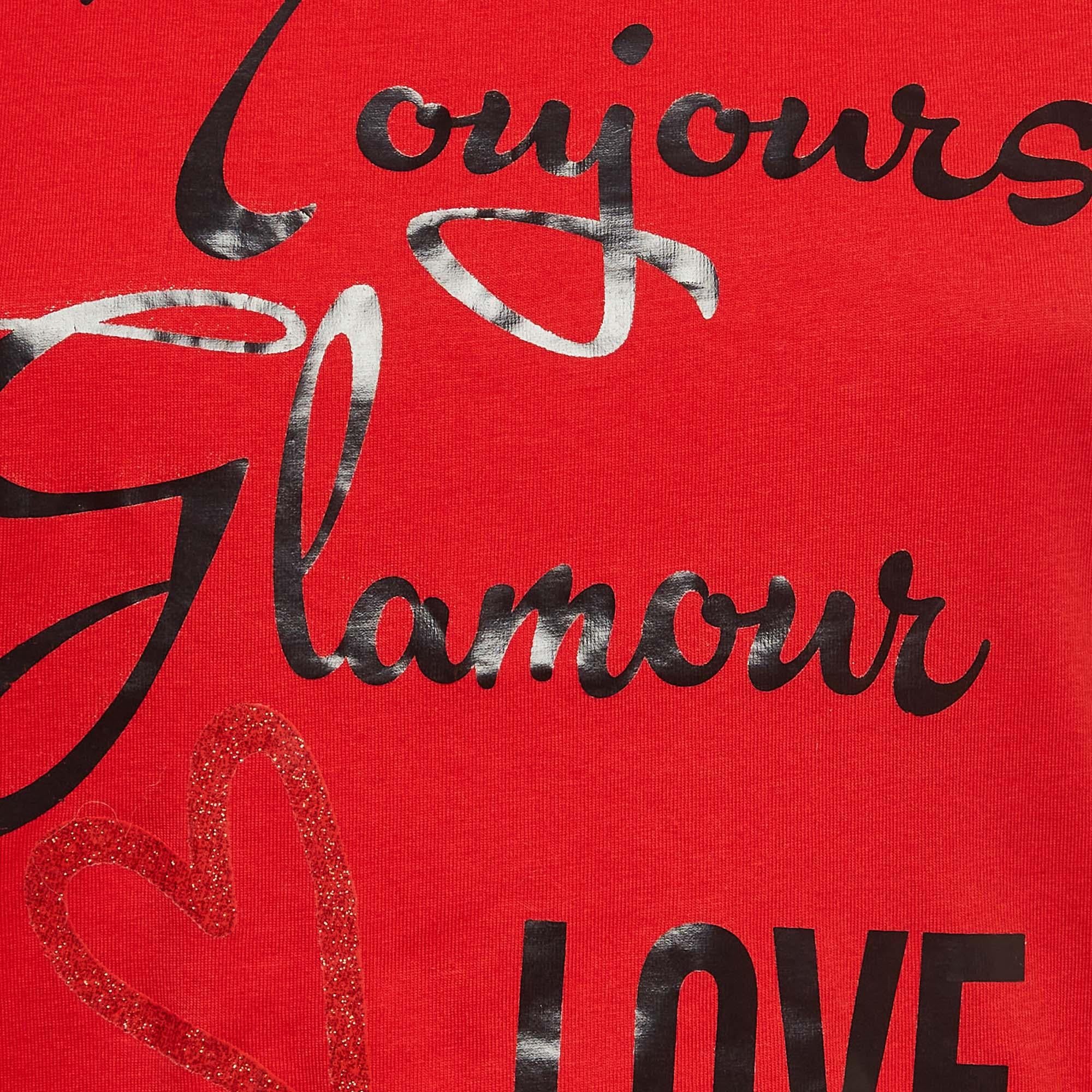 Rouge Love Moschino T-shirt col ras du cou en tricot de coton imprimé rouge S en vente