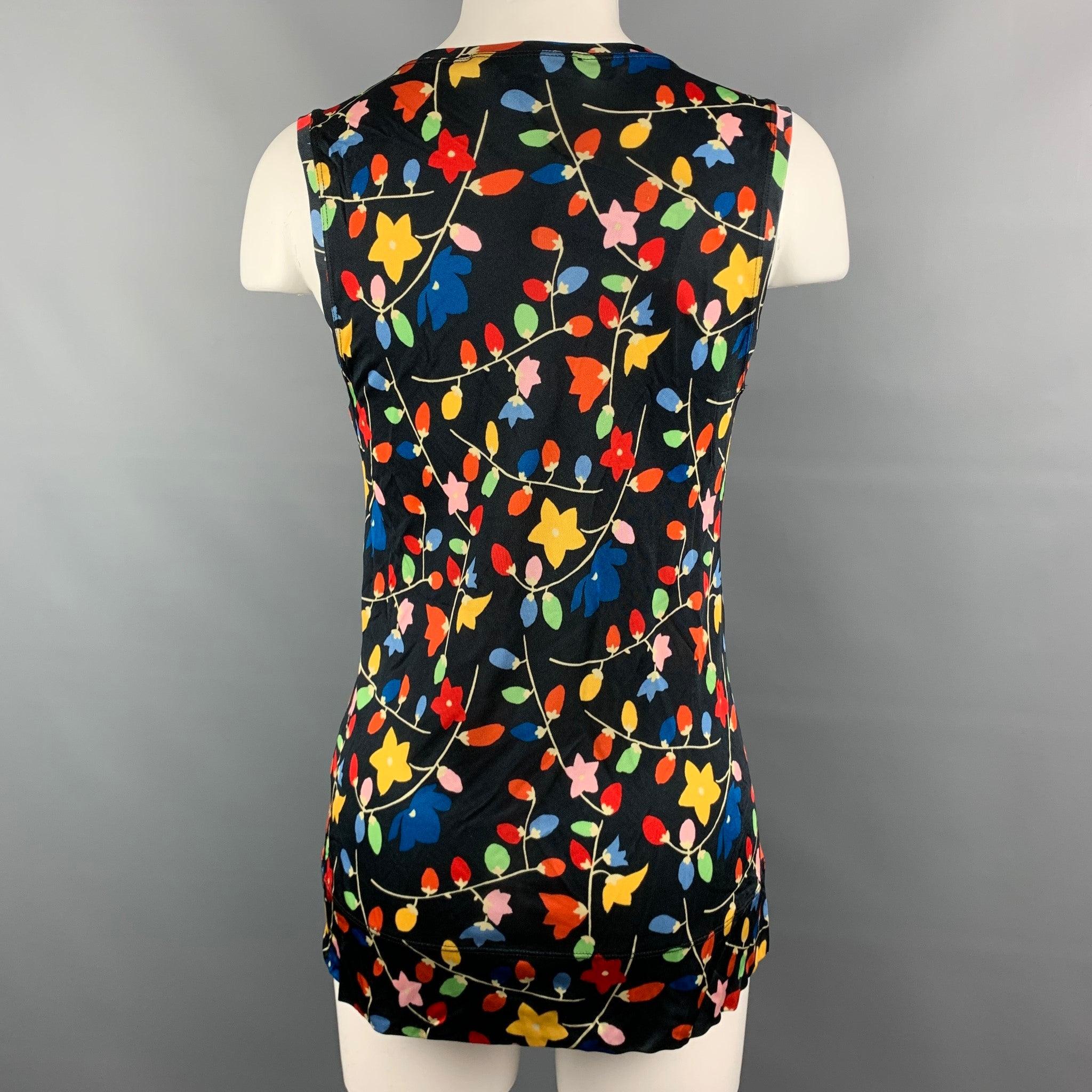 LOVE MOSCHINO Size 4 Black Multicolor Viscose Floral Black Bow Blouse In Excellent Condition In San Francisco, CA