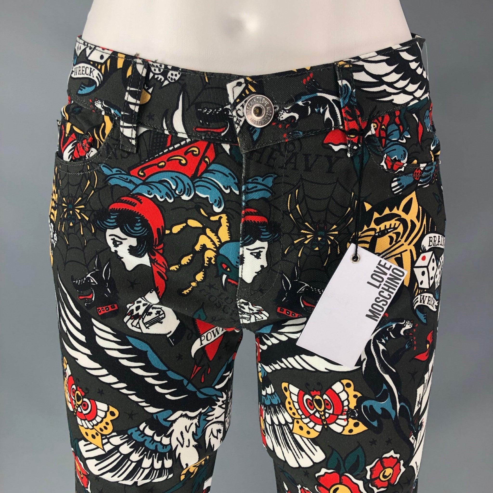 LOVE MOSCHINO Skinny casual jeans comes in a
 multi color cotton and elastane old school tattoo featuring Flat Front, Zip and Button closure and five pockets.New with Tags 

Marked:   27 

Measurements: 
  Waist: 28 inRise: 9 inInseam: 28 in
  
  
