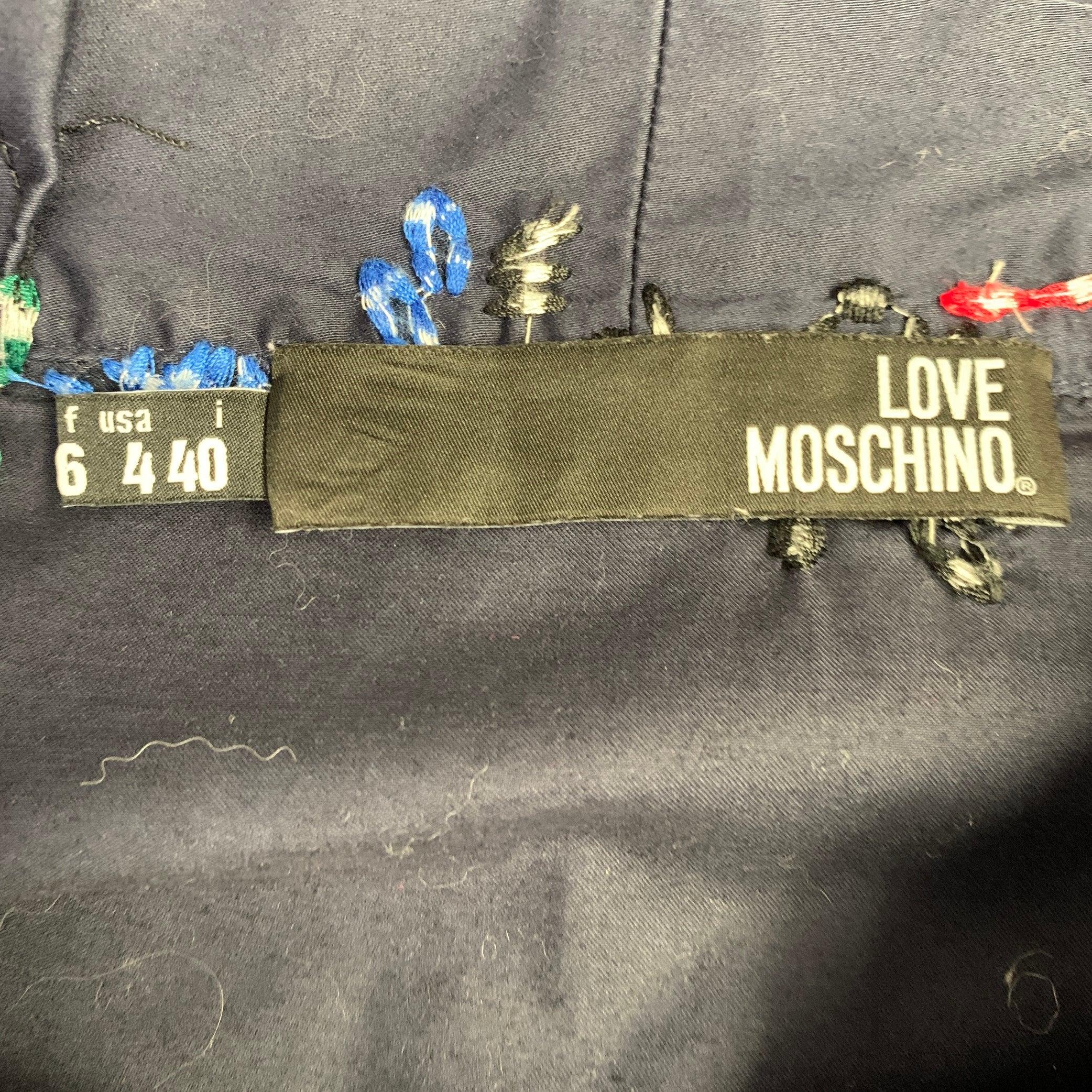 LOVE MOSCHINO Size 4 Navy Multi Color Cotton Blend Embroidered Casual Top For Sale 1