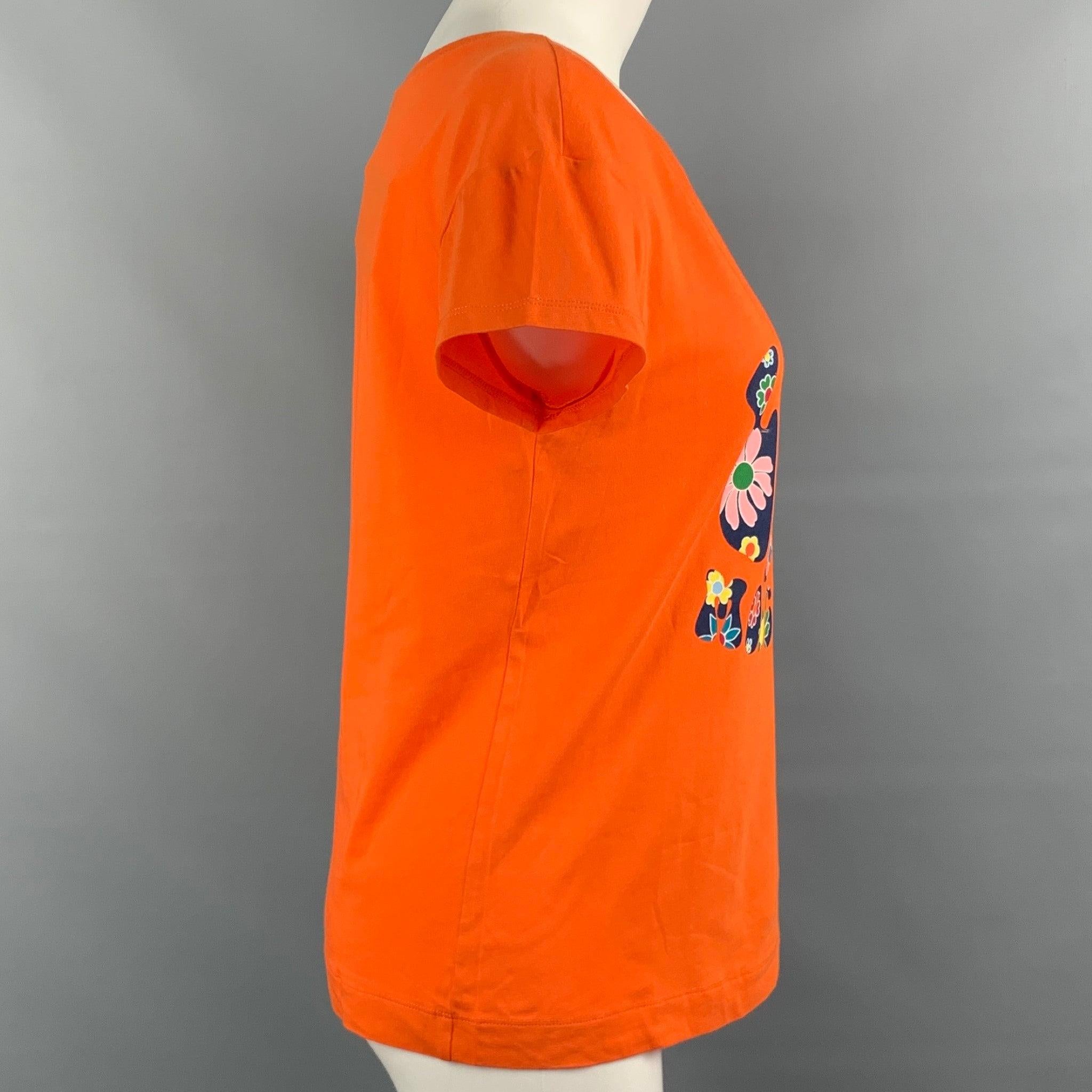 LOVE MOSCHINO t-shirt comes in a orange cotton with a multi-color floral print logo graphic featuring a boat neckline. 
New With Tags.
 

Marked:   D 36 / GB 8 / F 36 / USA 4 / I 40 

Measurements: 
 
Shoulder: 19 inches  Bust: 35 inches  Sleeve: 4
