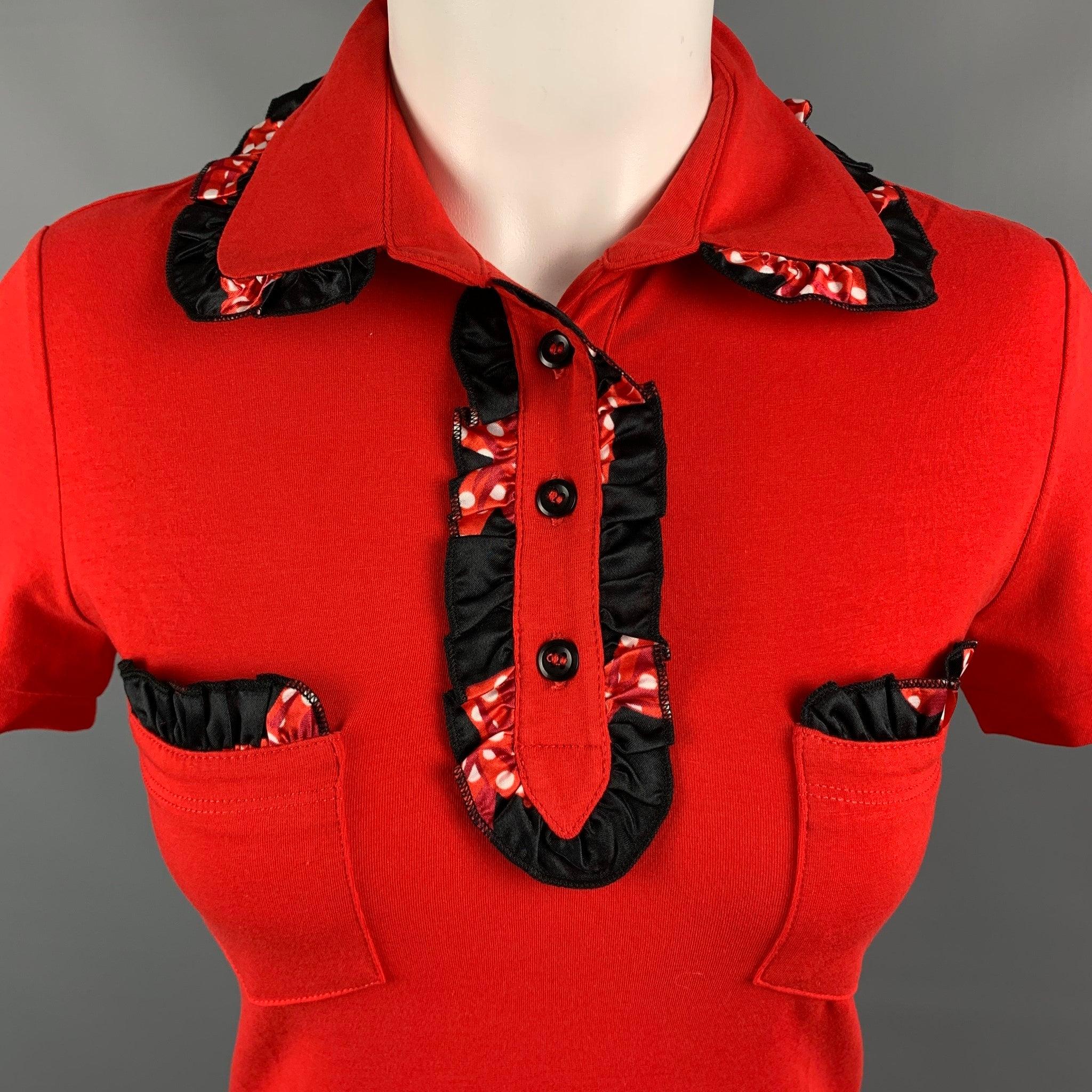 Women's LOVE MOSCHINO Size 4 Red Black Cotton / Elastane Ruffled Pockets Buttoned Blouse