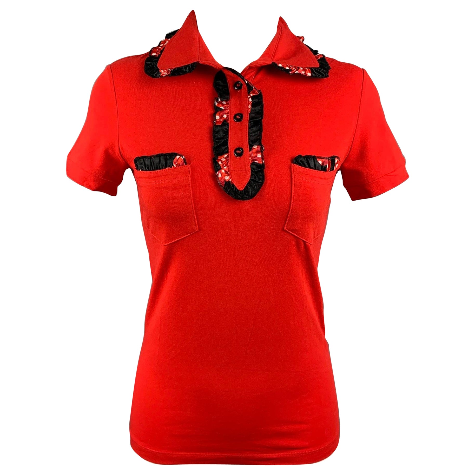 LOVE MOSCHINO Size 4 Red Black Cotton / Elastane Ruffled Pockets Buttoned Blouse