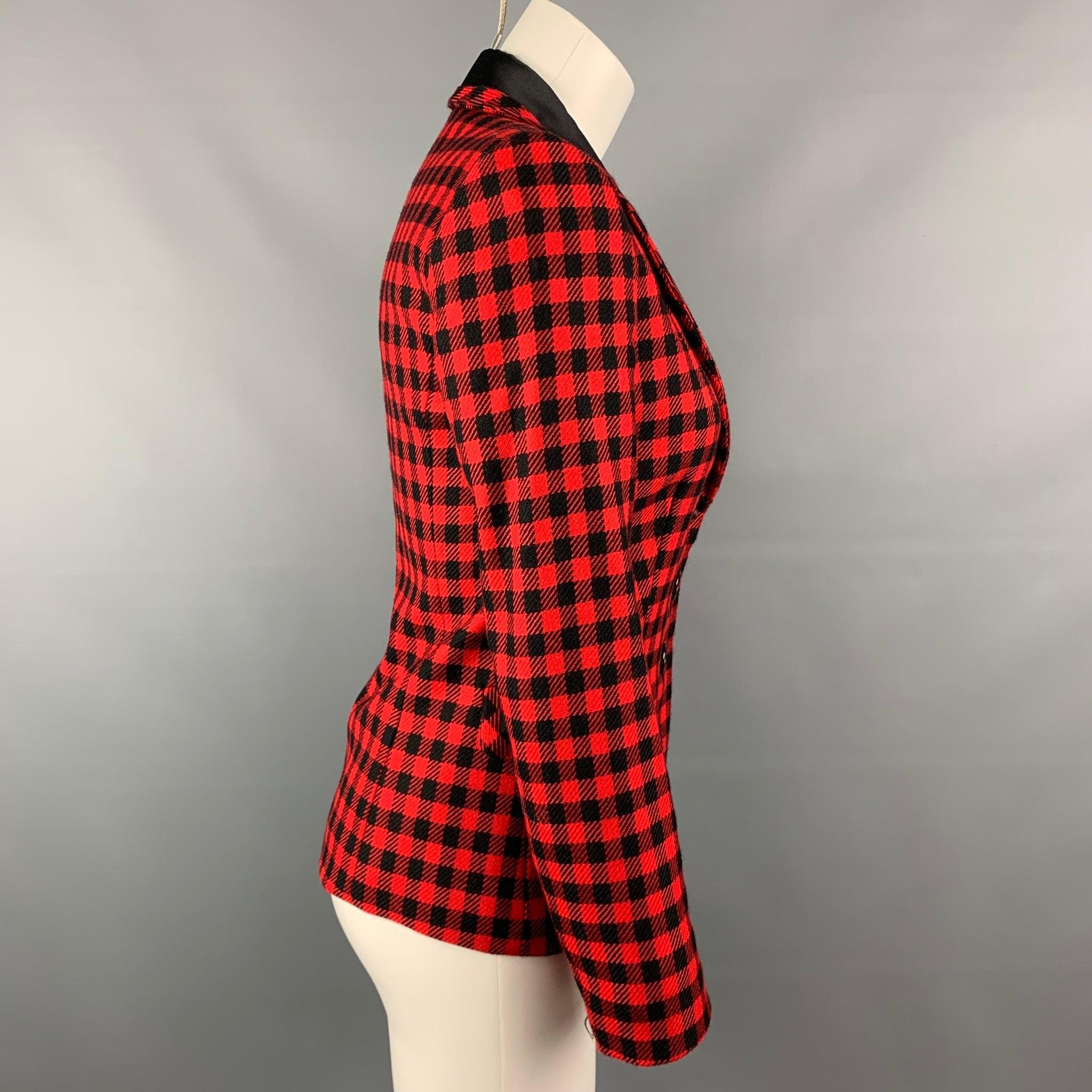 LOVE MOSCHINO Size 4 Red & Black Gingham Wool Rhinestone Jacket In Good Condition For Sale In San Francisco, CA
