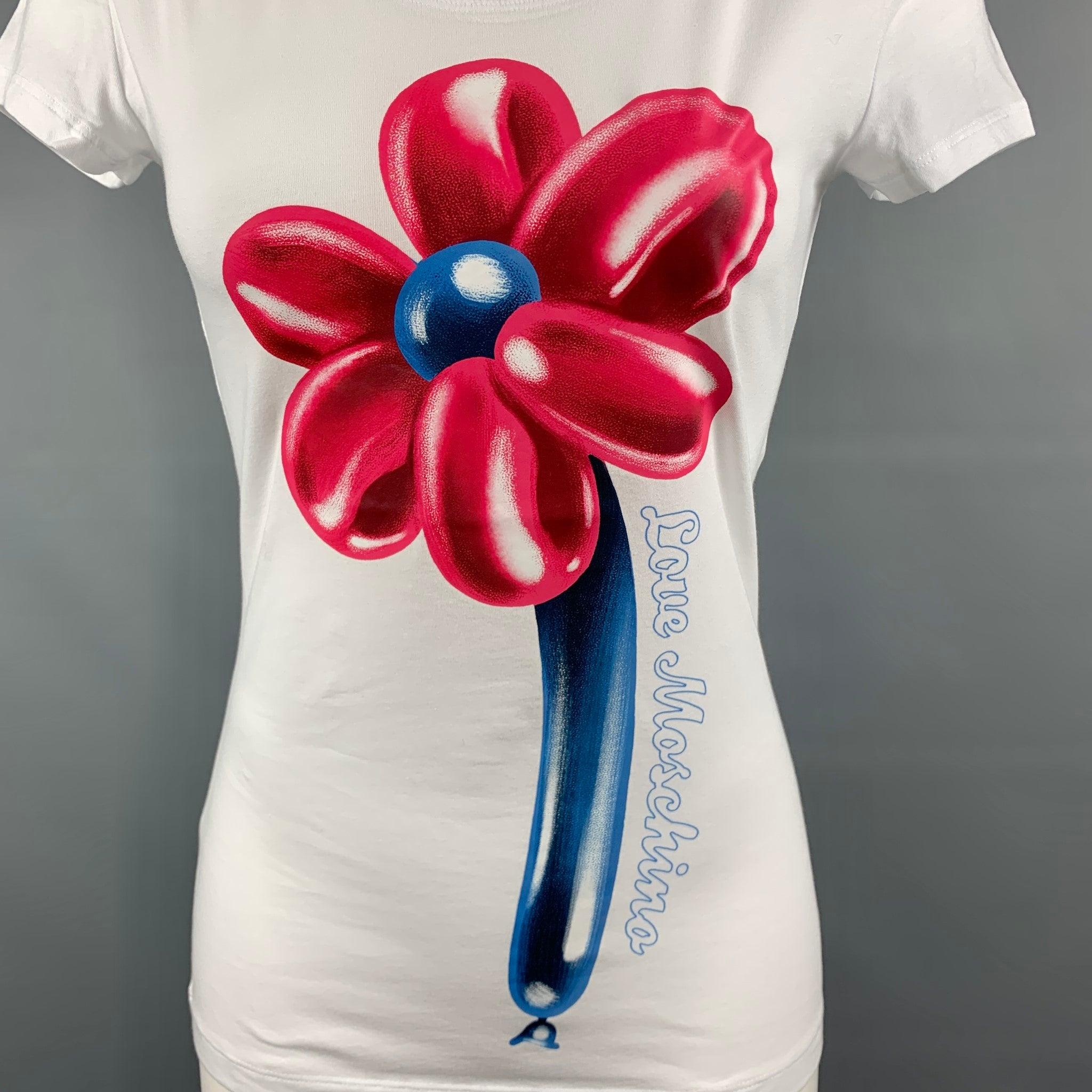 LOVE MOSCHINO Größe 4 Weißes T-Shirt aus Baumwolle/Elastane Fuchsia/Blumenballon in Blau Damen im Angebot