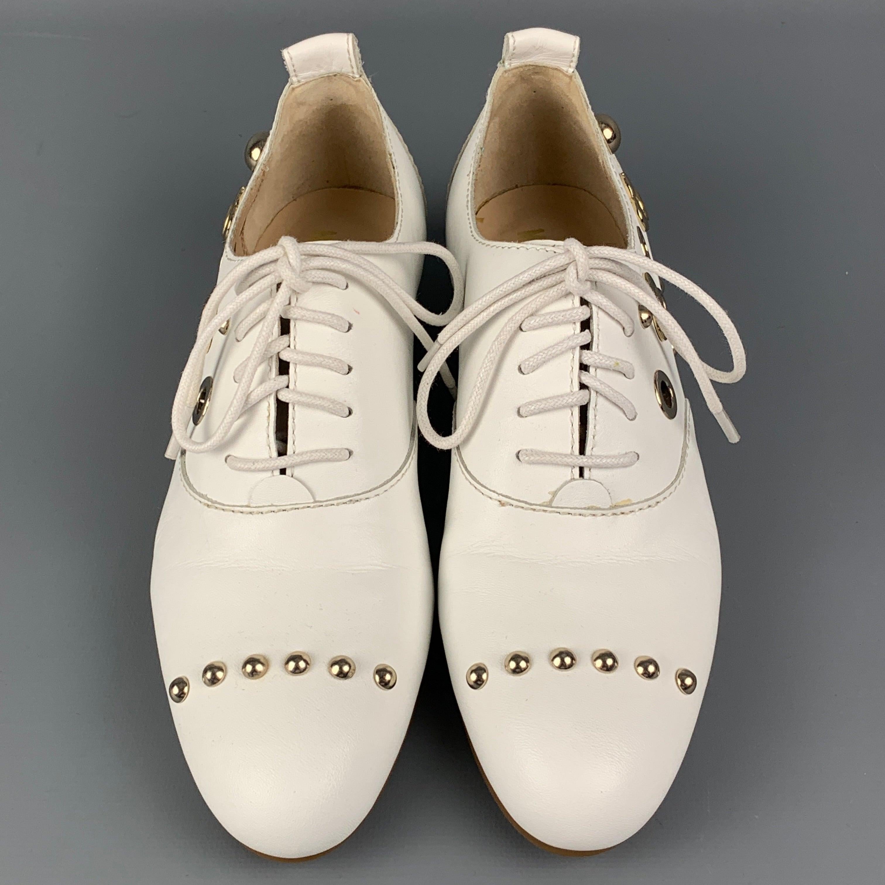 Women's LOVE MOSCHINO Size 5.5 White Leather Studded Flats For Sale