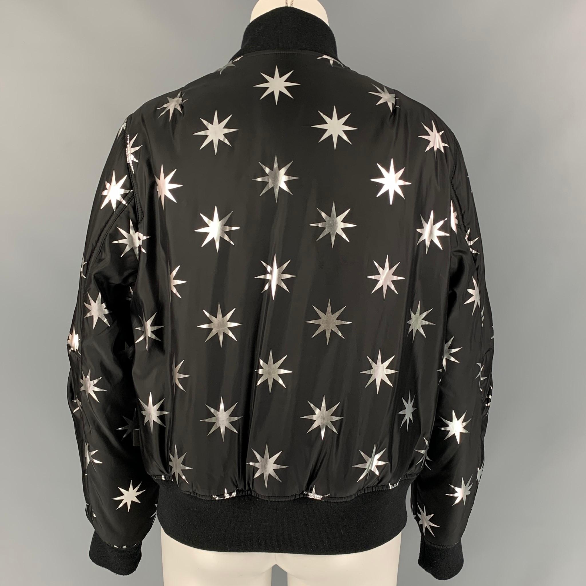 LOVE MOSCHINO Size 6 Black & Silver Star Print Polyester Bomber Jacket In Good Condition In San Francisco, CA