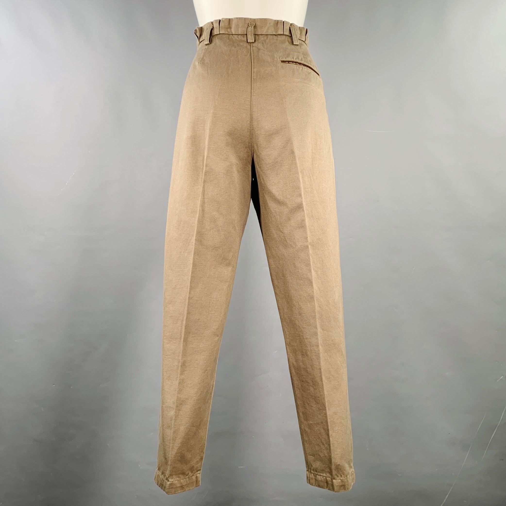 LOVE MOSCHINO casual pants
in a khaki cotton flax woven blend featuring a pleated style, elastic waistband, and zip fly closure. Made in Italy.
Very Good Pre-Owned Condition. Minor marks. 

Marked:   IT 42 

Measurements: 
  Waist: 31 inches  Rise: