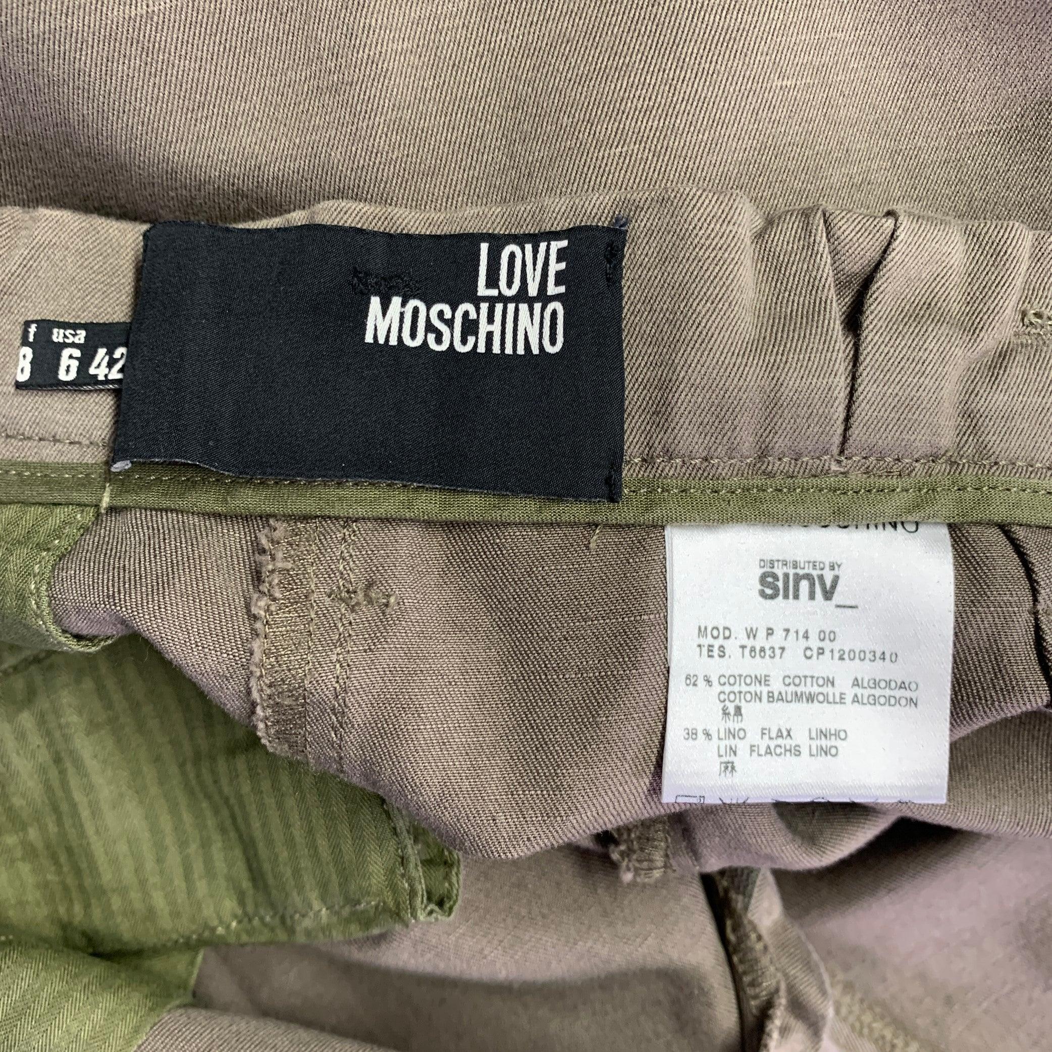 LOVE MOSCHINO Size 6 Khaki Cotton Flax Pleated Elastic Waistband Casual Pants In Good Condition In San Francisco, CA
