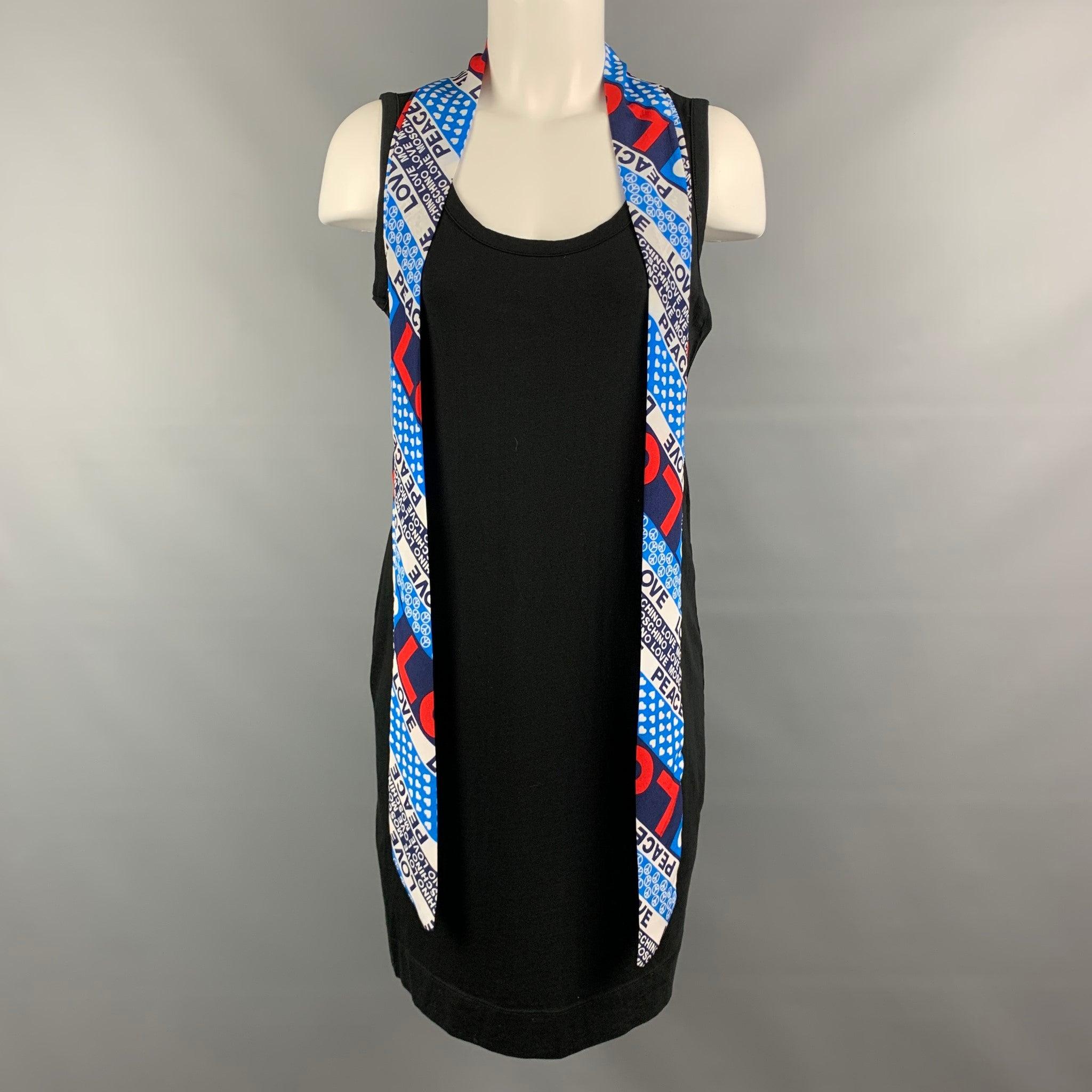 LOVE MOSCHINO dress comes in a solid black cotton / elastane material, with a round neck, sleeveless, and a blue, red and white 