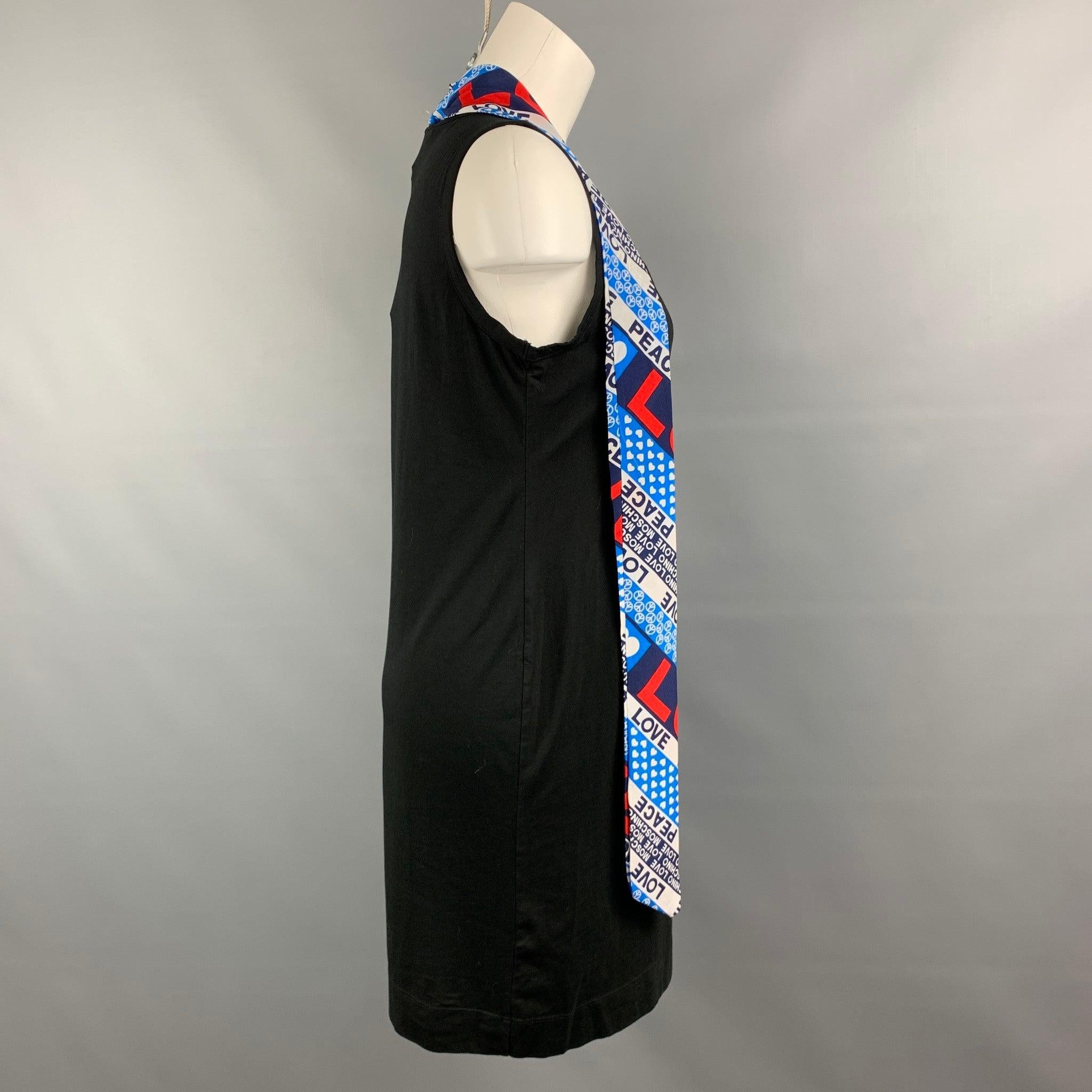 LOVE MOSCHINO Size 8 Black Multicolour Cotton/Elastane Printed Scarf Solid Dress In Excellent Condition In San Francisco, CA