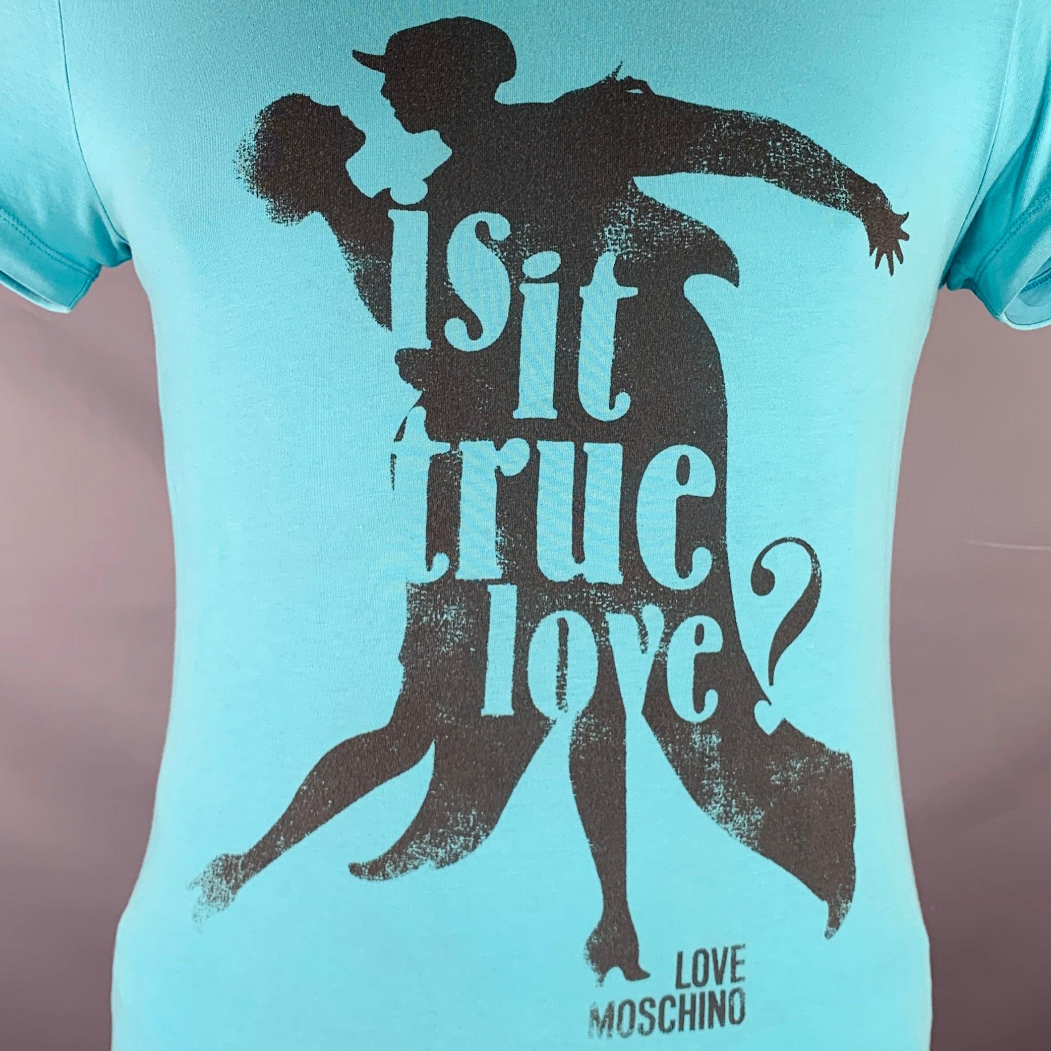 LOVE MOSCHINO t-shirt
in a turquoise blue cotton stretch blend knit featuring grey graphic 