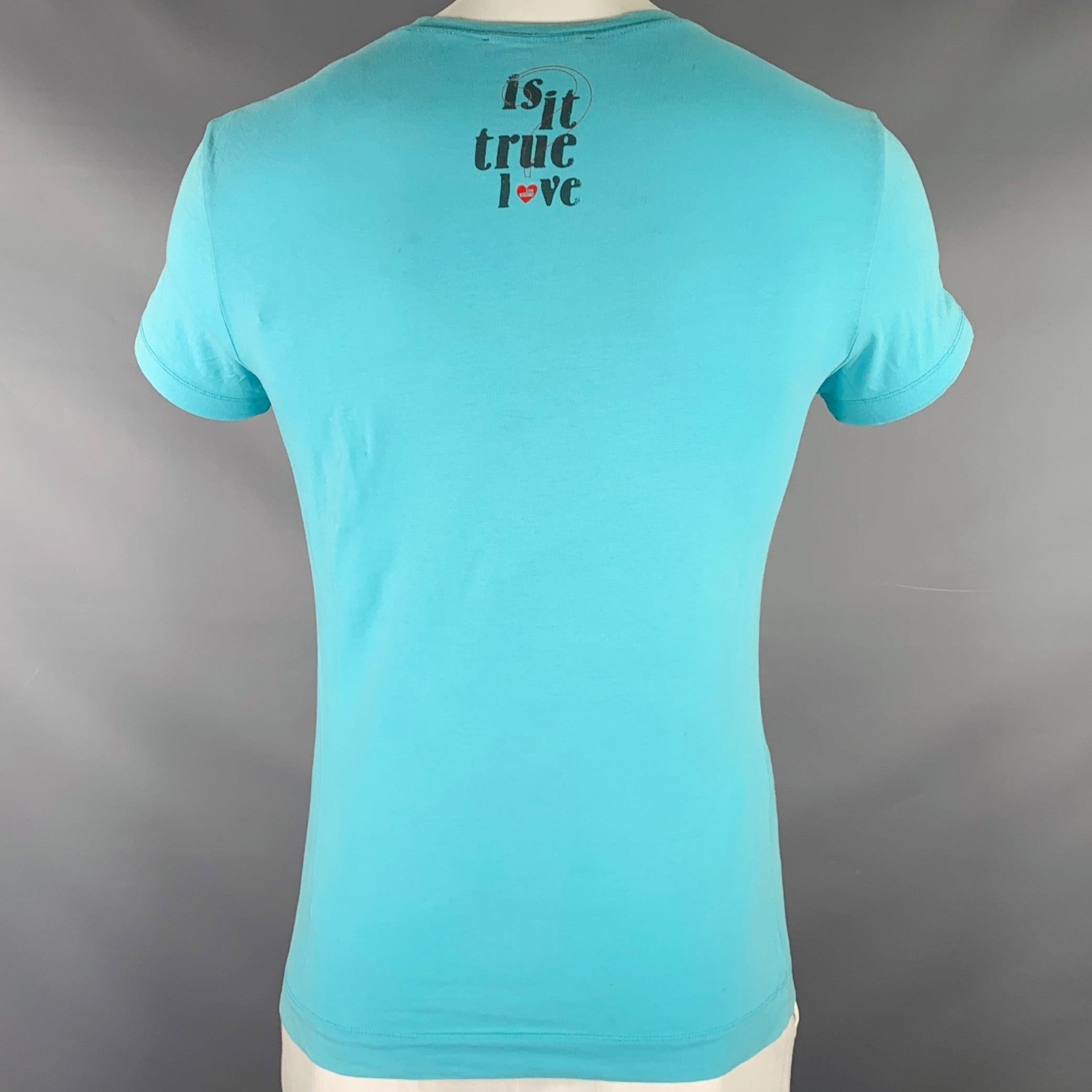 LOVE MOSCHINO Size L Grey Turquoise Graphic Cotton Blend T-shirt In Excellent Condition In San Francisco, CA