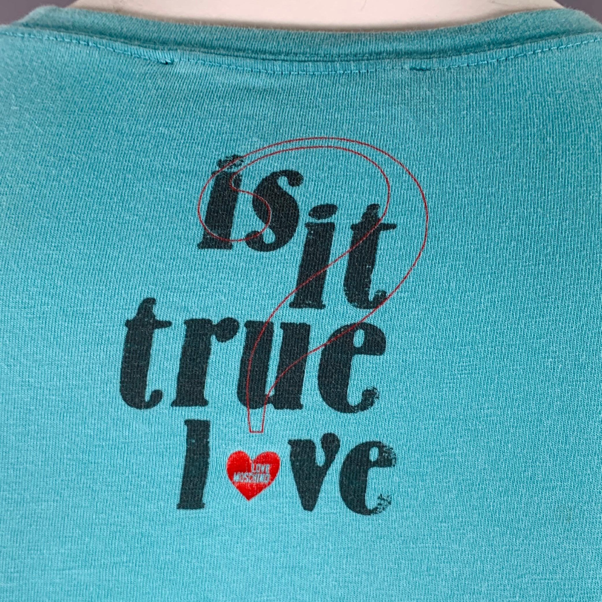 Men's LOVE MOSCHINO Size L Grey Turquoise Graphic Cotton Blend T-shirt