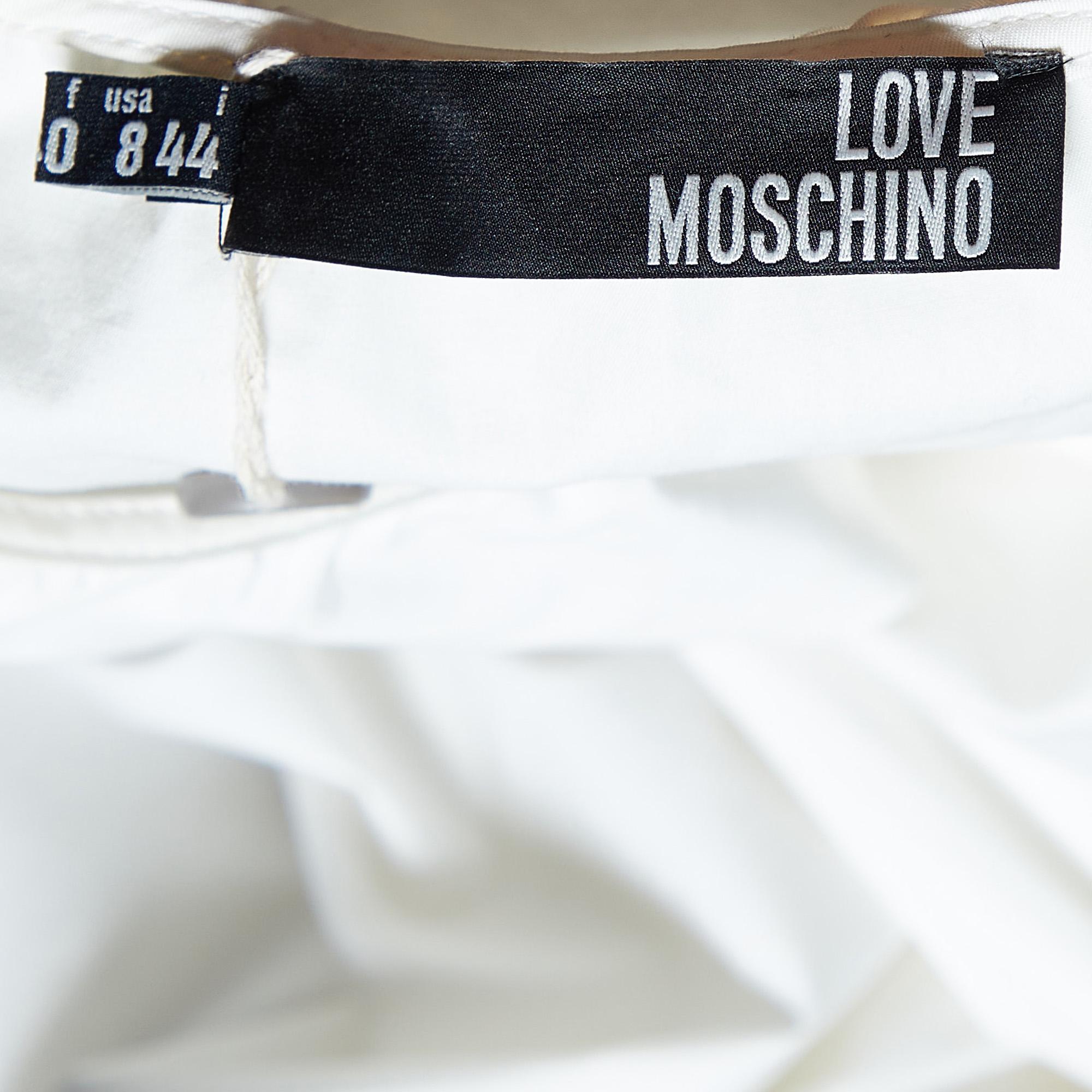 Love Moschino Weißes Kleid in Knielänge aus Baumwolle mit Rüschendetails M im Zustand „Gut“ im Angebot in Dubai, Al Qouz 2