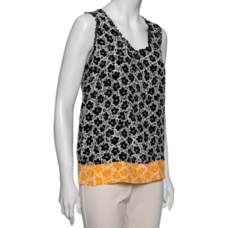 Love Moschino Weißes Top mit Blumendruck aus bedruckter Seide und besticktem Besatz, M im Angebot 1