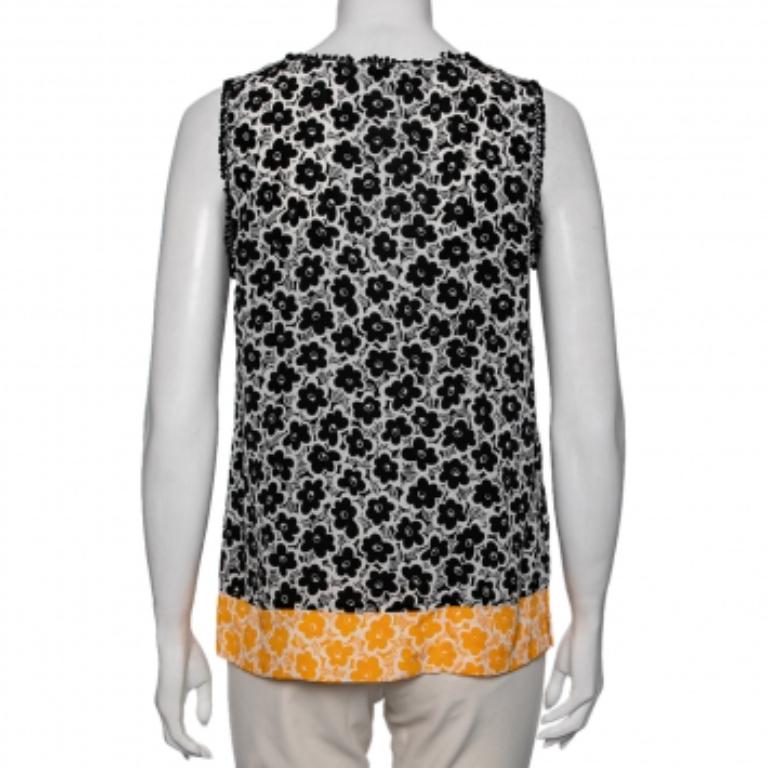 Love Moschino Weißes Top mit Blumendruck aus bedruckter Seide und besticktem Besatz, M im Angebot 2