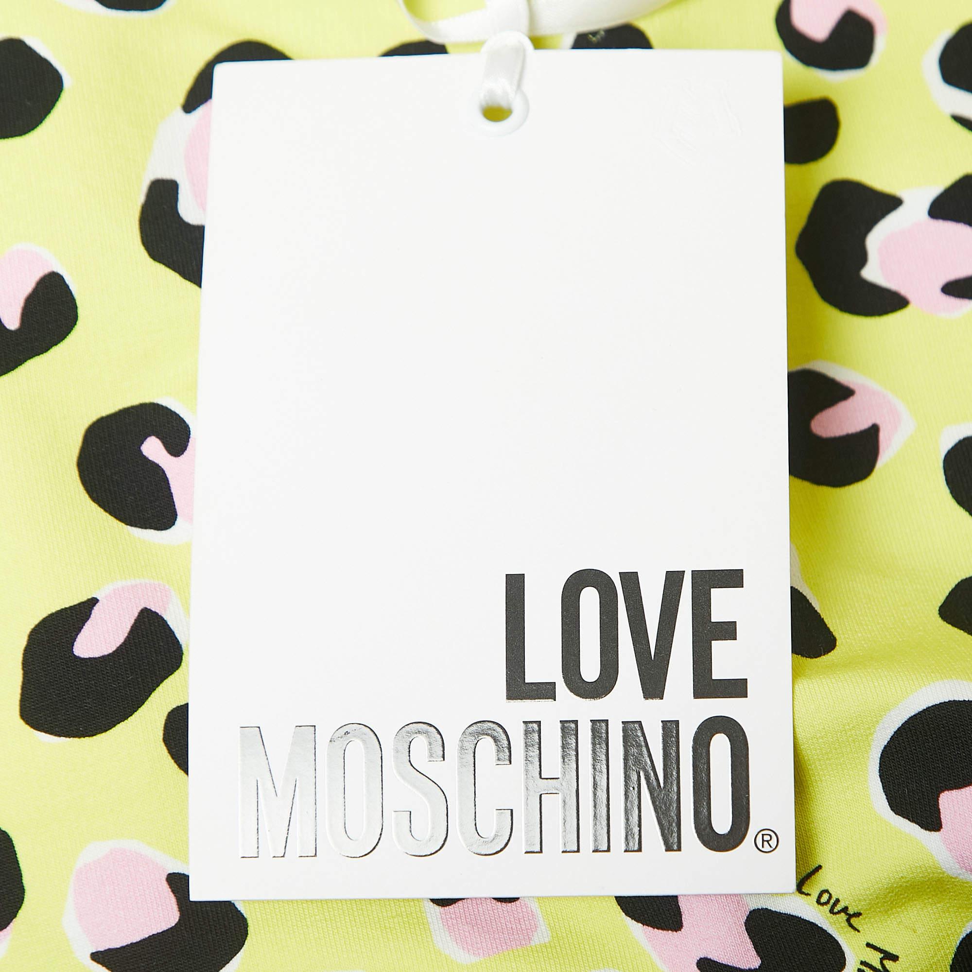 Love Moschino Gelbes Minikleid aus bedruckter Baumwolle mit V-Ausschnitt und Tiermuster S Damen im Angebot