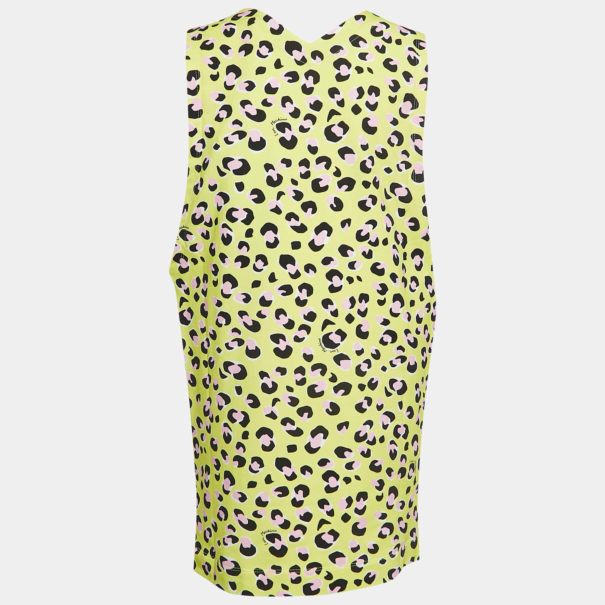 Love Moschino Yellow Animal Printed Cotton V-Neck Mini Dress S For Sale 1
