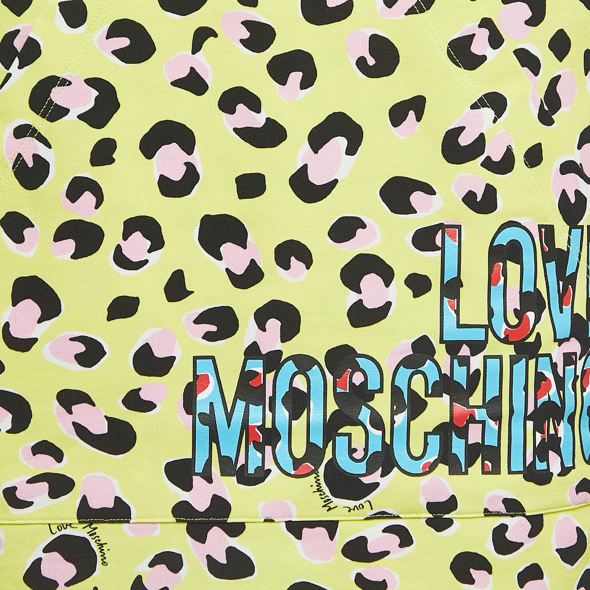 Love Moschino Yellow Animal Printed Cotton V-Neck Mini Dress S For Sale 2