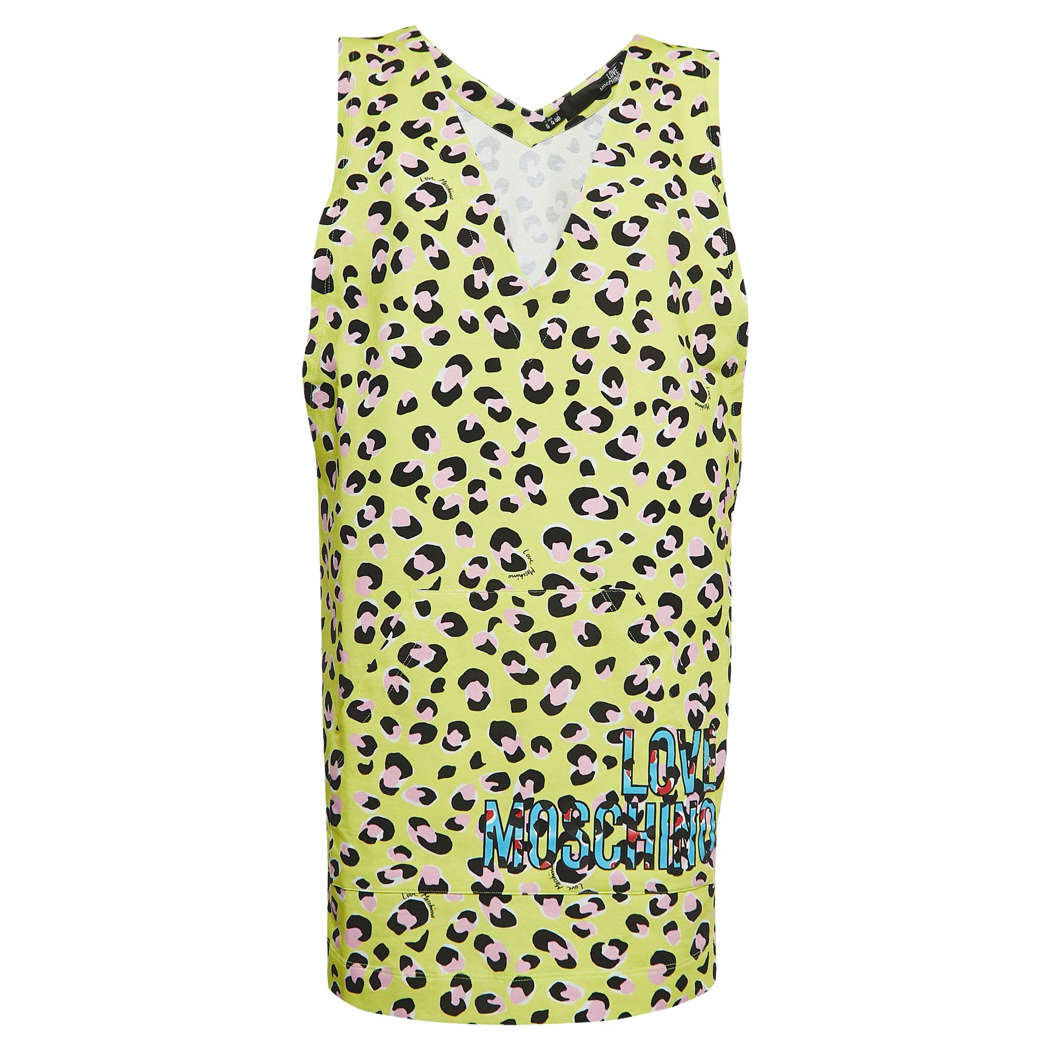 Love Moschino Yellow Animal Printed Cotton V-Neck Mini Dress S For Sale