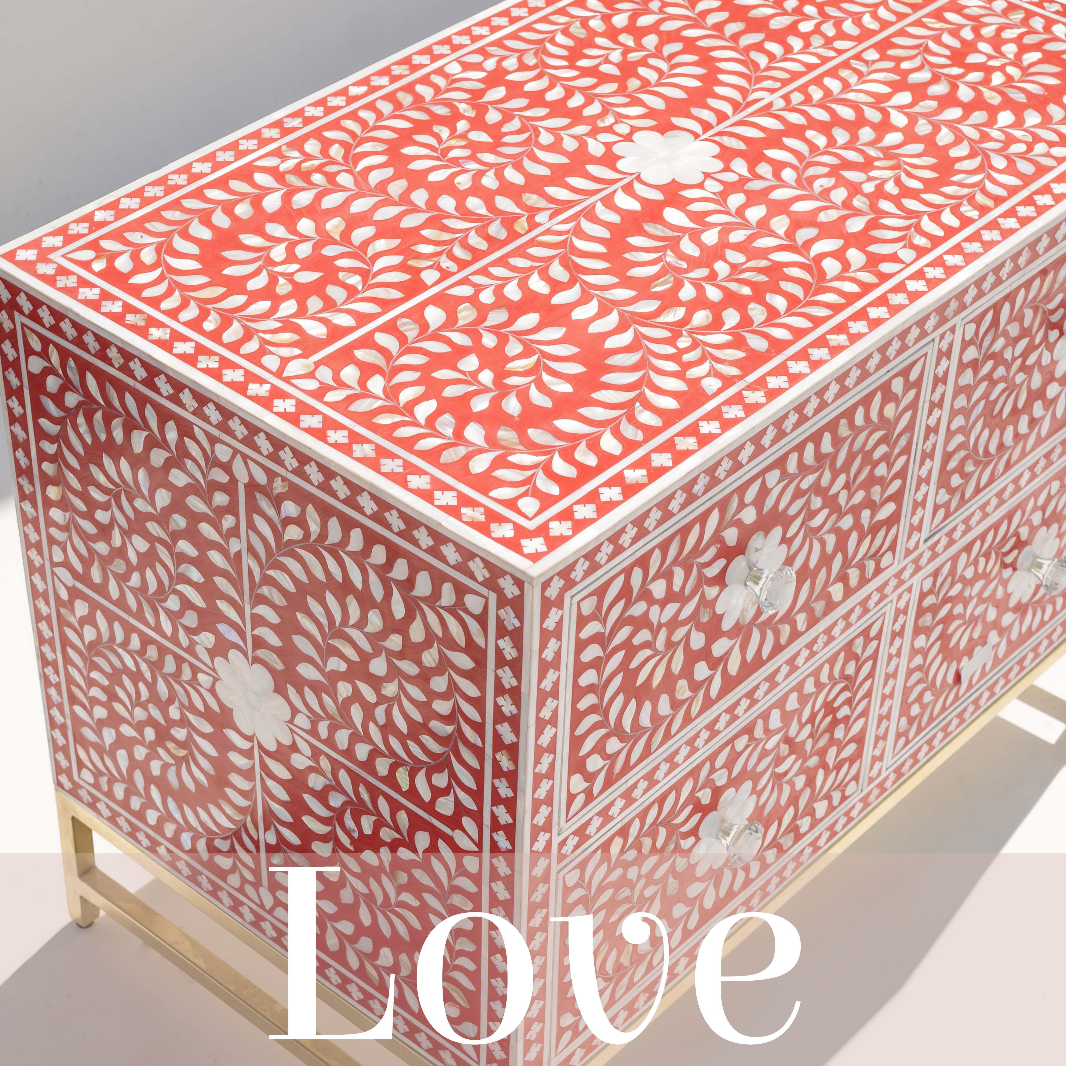 Introducing our exquisite Mother of Pearl Inlay Dresser, an undeniable statement piece for any bedroom or living room. This stunning four drawer dresser is entirely handmade, featuring intricate mother of pearl inlay flower and spiral leaf patterns