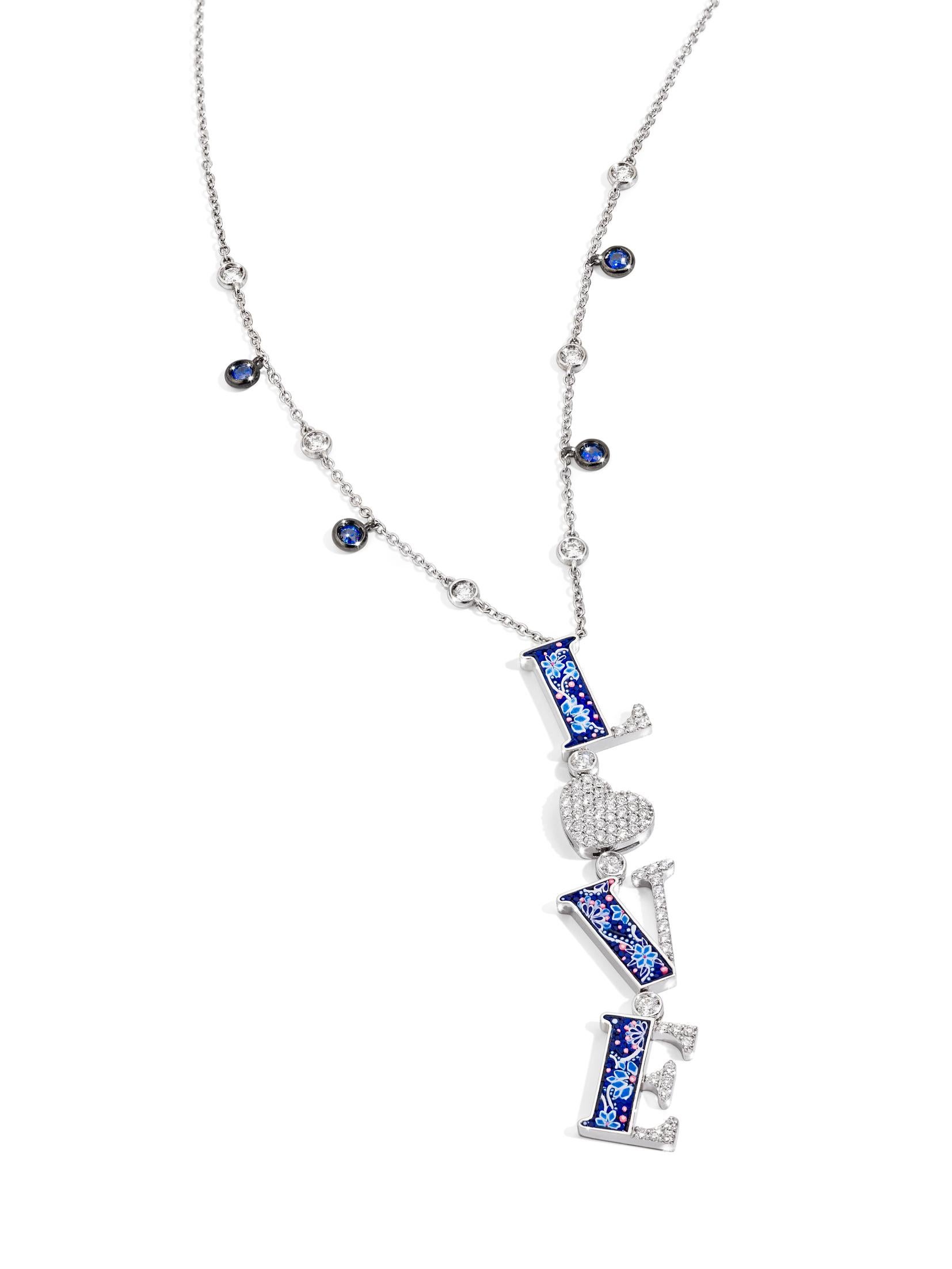Modern Love Necklace White Diamonds White Gold Blues Sapphires Decorated Micromosaic For Sale