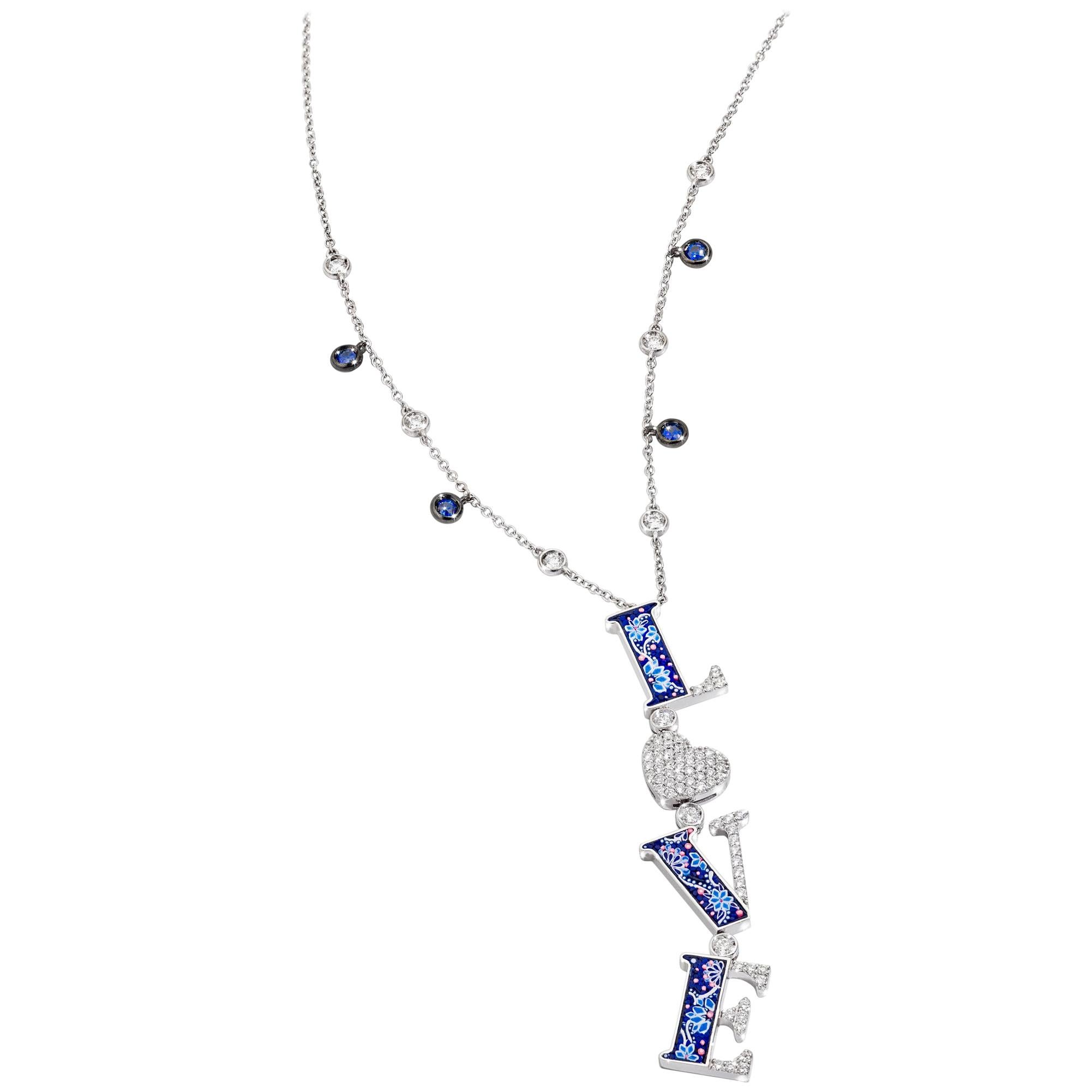 Love Halskette, weiße Diamanten, Weißgold, blaue Saphire, Mikromosaik, dekoriert