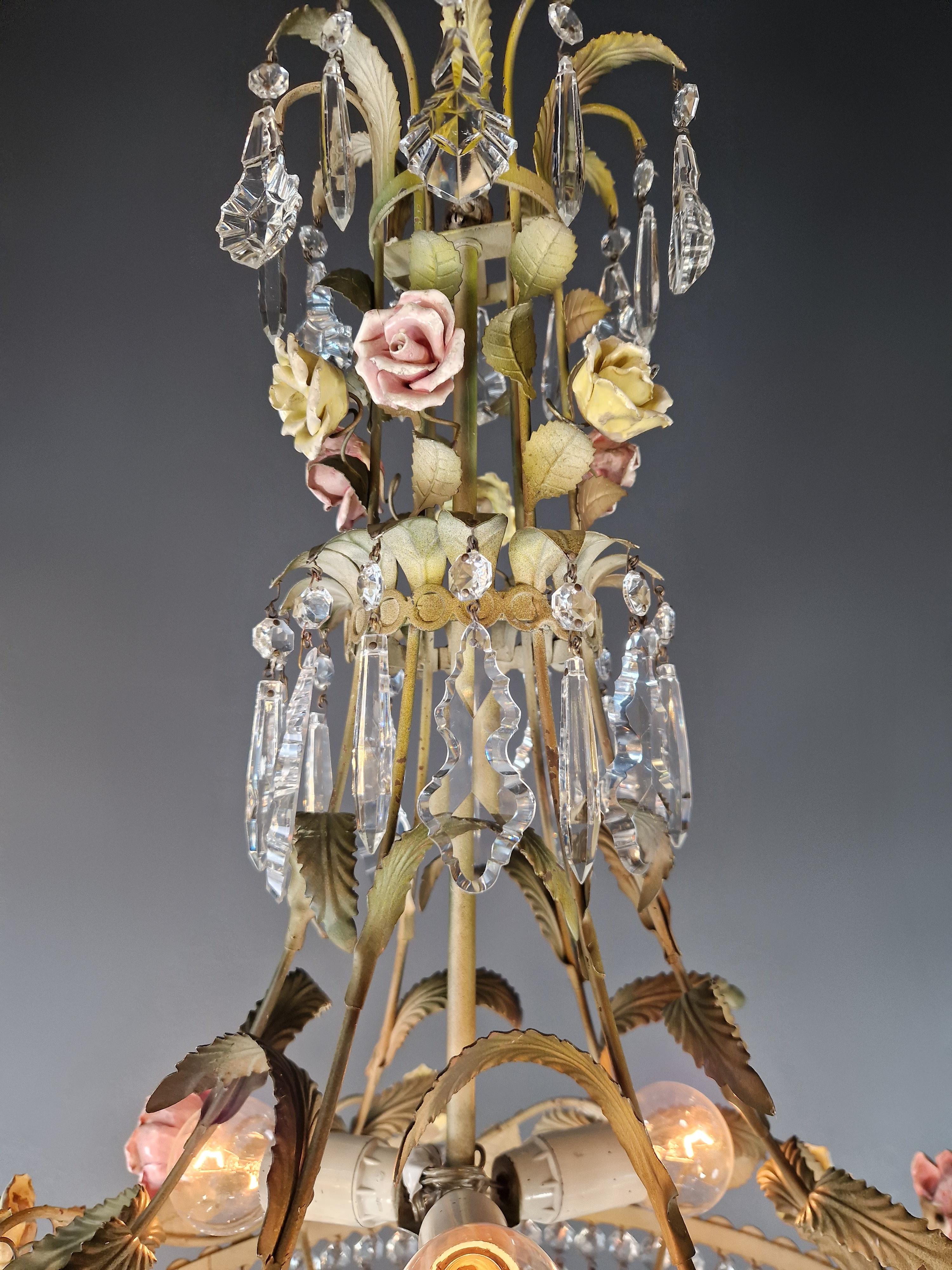 Love Porcelain Rose Crystal Antique Cage Green Chandelier Art Nouveau 4
